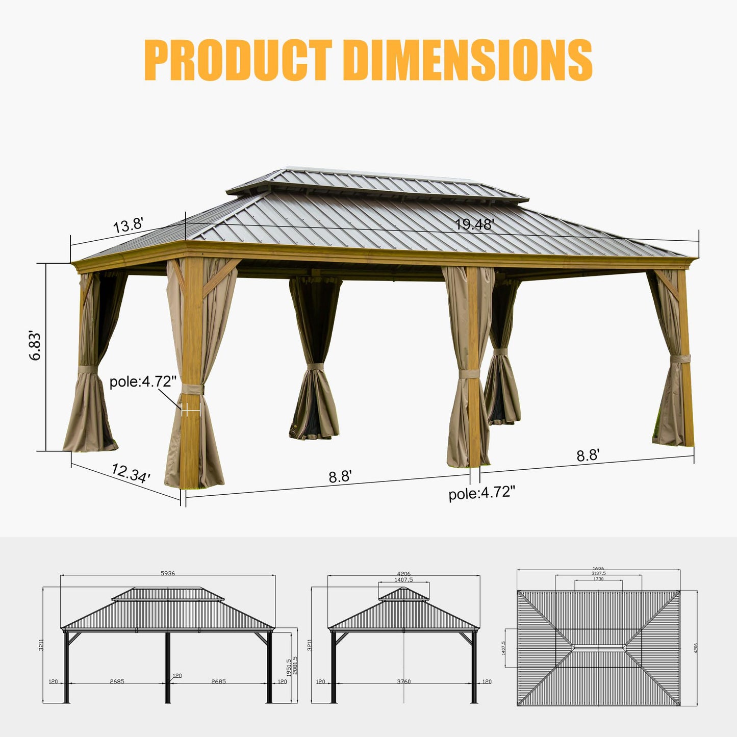 14x20FT Hardtop Gazebo, Permanent Metal Gazebo with Galvanized Steel Double Roof and Aluminum Frame, Curtain and Netting, Large Pavilion Gazebo, Wood Looking