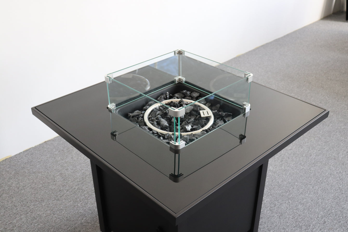 30" Black Powder-Coated Metal Fire Pit with Smoked Glass Top