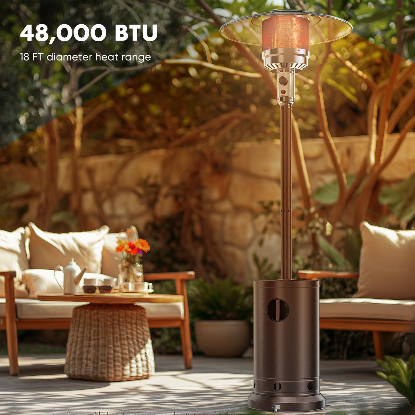 48,000 BTU Propane Patio Heater with Sand Box, Table, Double-Layer Stainless Steel Burner and Safety Protection System, Outdoor Heater with Wheels for Home&Commercial Use in Backyard, Garden