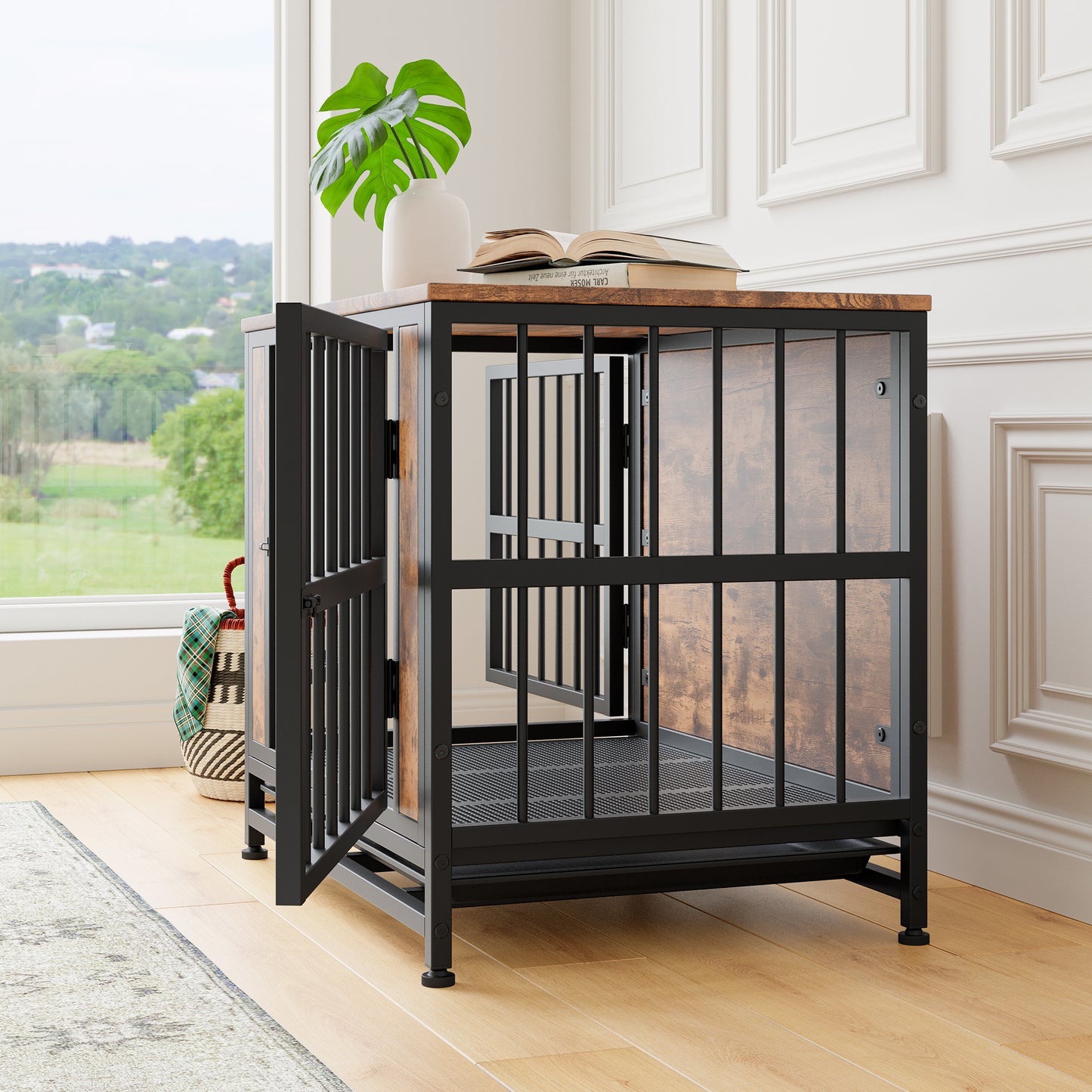 Dog Crate Furniture, Wooden Dog Crate Table, 27.48" Dog Kennel with 2 Sliding Doors and Thick Iron Door Frame, Decorative Pet Crate House for Small Dog Indoor Use(Rustic Brown)