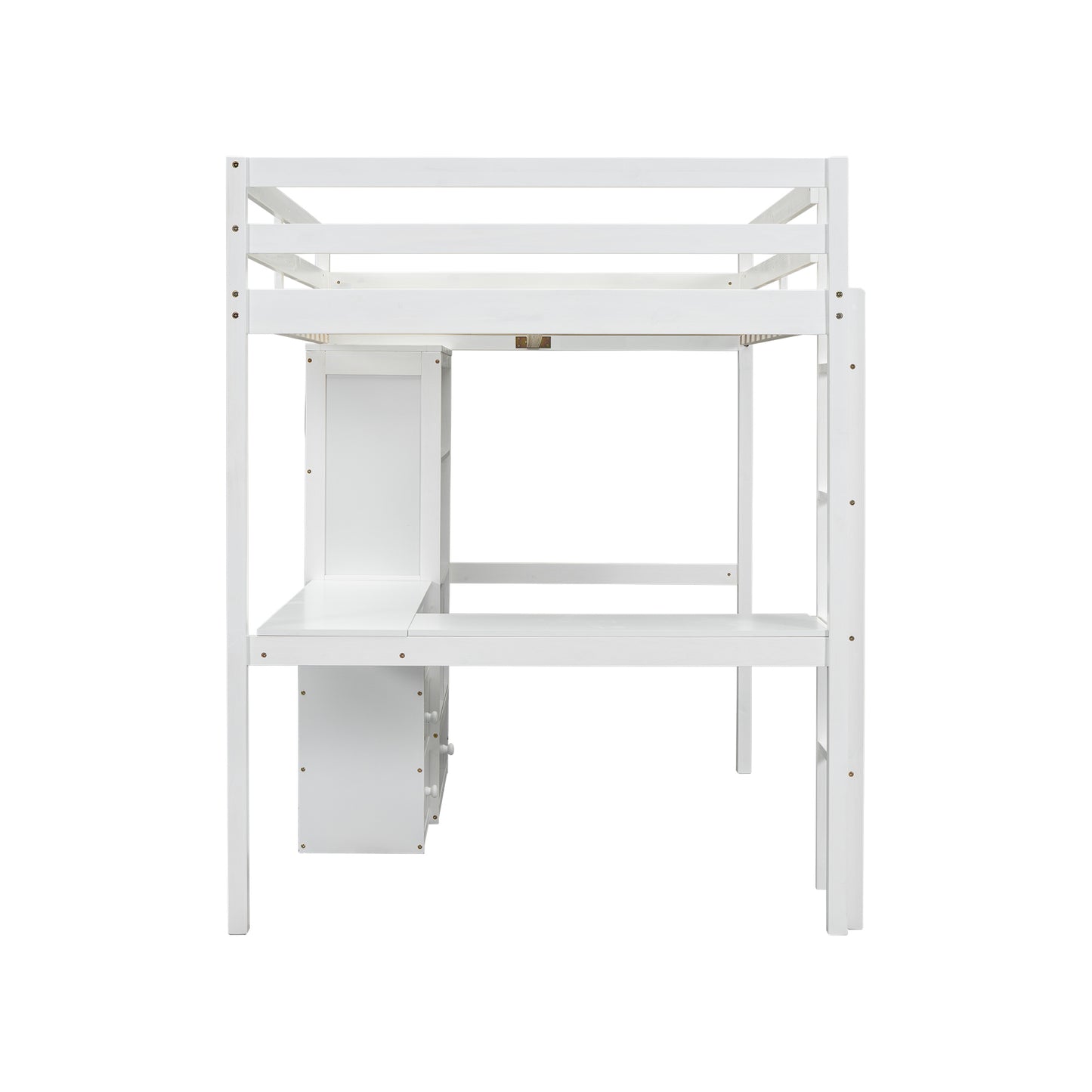 Full Size Loft Wood Bed with Desk, Storage shelves and Drawers, Built-in Ladder, High Loft Bed with Desk, Storage Shelves and Drawers,Guardrails,White