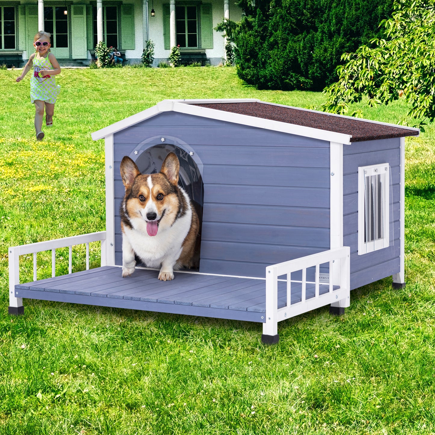 Large Wooden Dog House Indoor Outdoor with Terrace and Open Waterproof Asphalt Roof, Outdoor Dog House with Raised Floor, Windows and Door Curtains, Suitable for Small and Medium Dogs