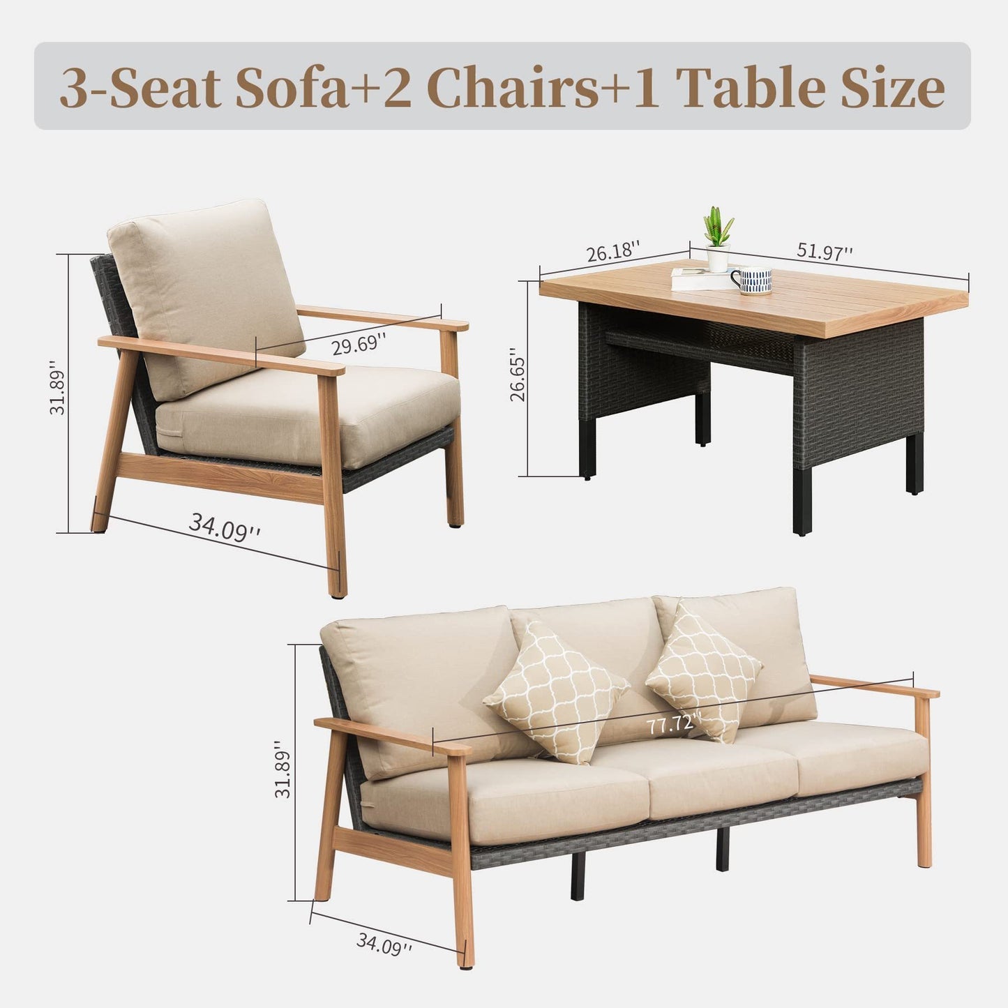 Outdoor Wicker Patio Furniture Sets 4 Pieces, All-Weather Aluminum Rattan Padded Sofa Patio Conversation Sets with 2 Pillows for Porch Deck Garden(Khaki