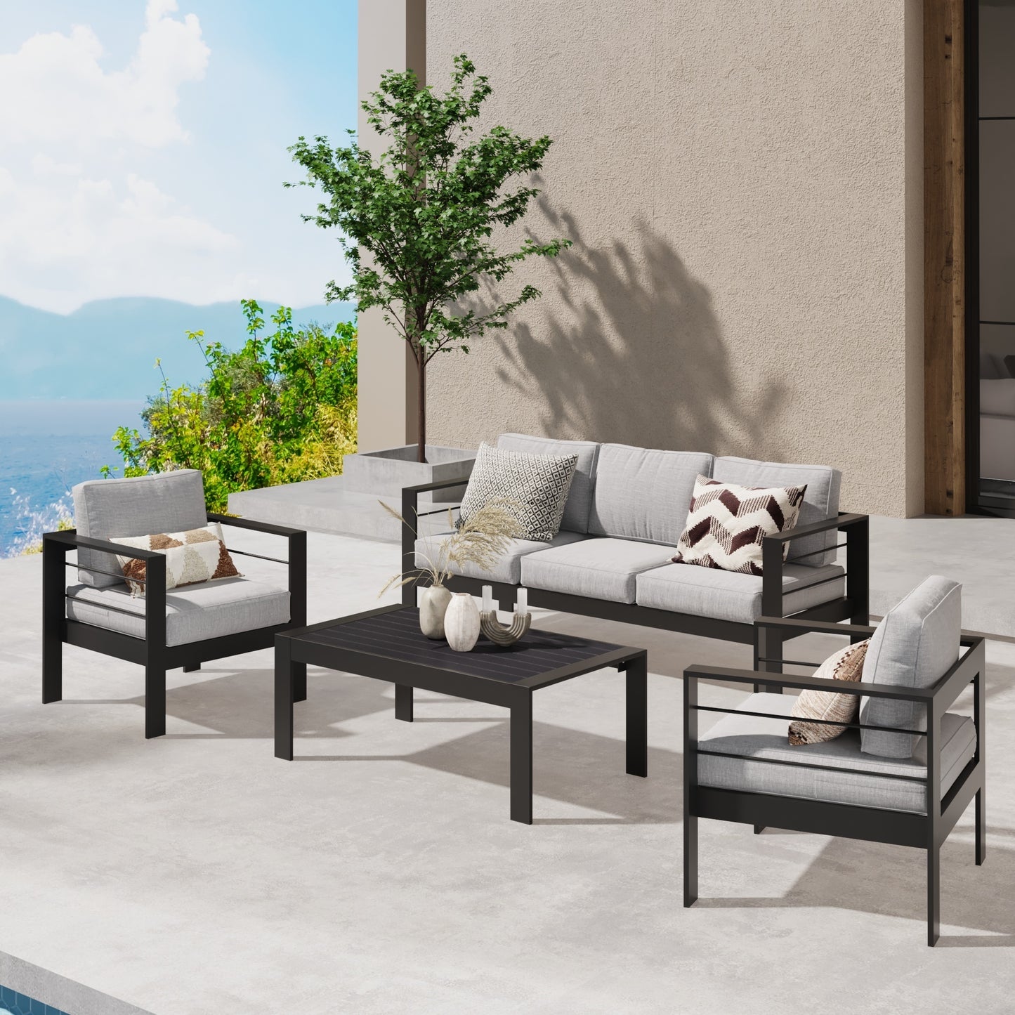 Patio Sofa Aluminum Outdoor Sofa with 3 Seats, All-Weather Metal Outdoor Couch with 5" Thick and Soft Cushion-Light Gray