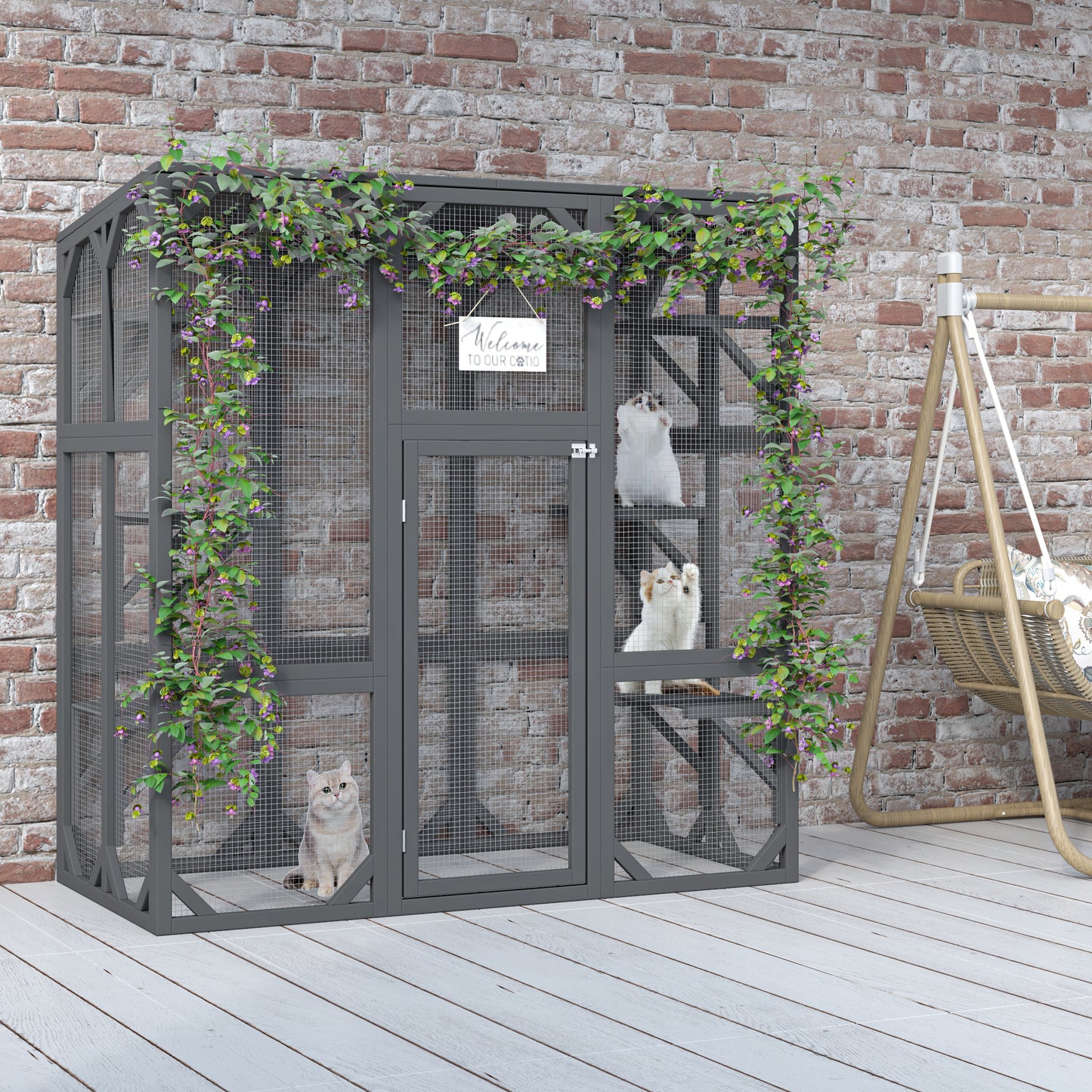 Catio Outdoor Cat Enclosure Cat House Wooden Cat Cage Large Feral Cat Shelter for Mulitiple Cats with Six Platforms, Large Enter Door, Waterproof Roof 60" Grey