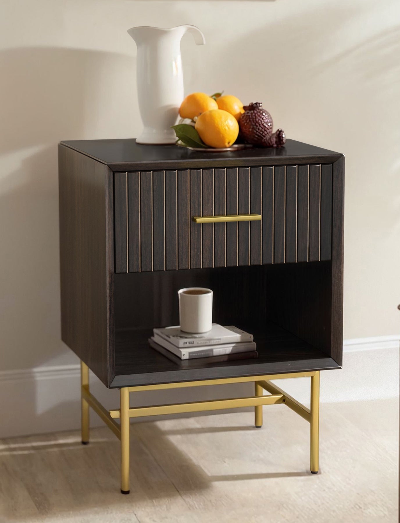 Nightstand, Modern Grooved Stripes Bed Side Table with a Drawer,Wood End Table with Golden Metal Handle and Metal Legs-1 Pieces