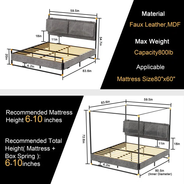 Double Backrest Upholstered Canopy Bed - Gray Faux Leather - QN