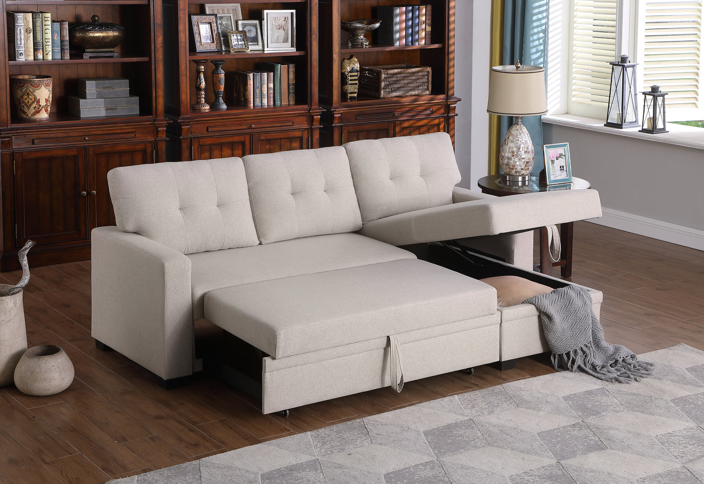 [SantaChoice] Upholstered Pull out Sectional Sofa with Chaise