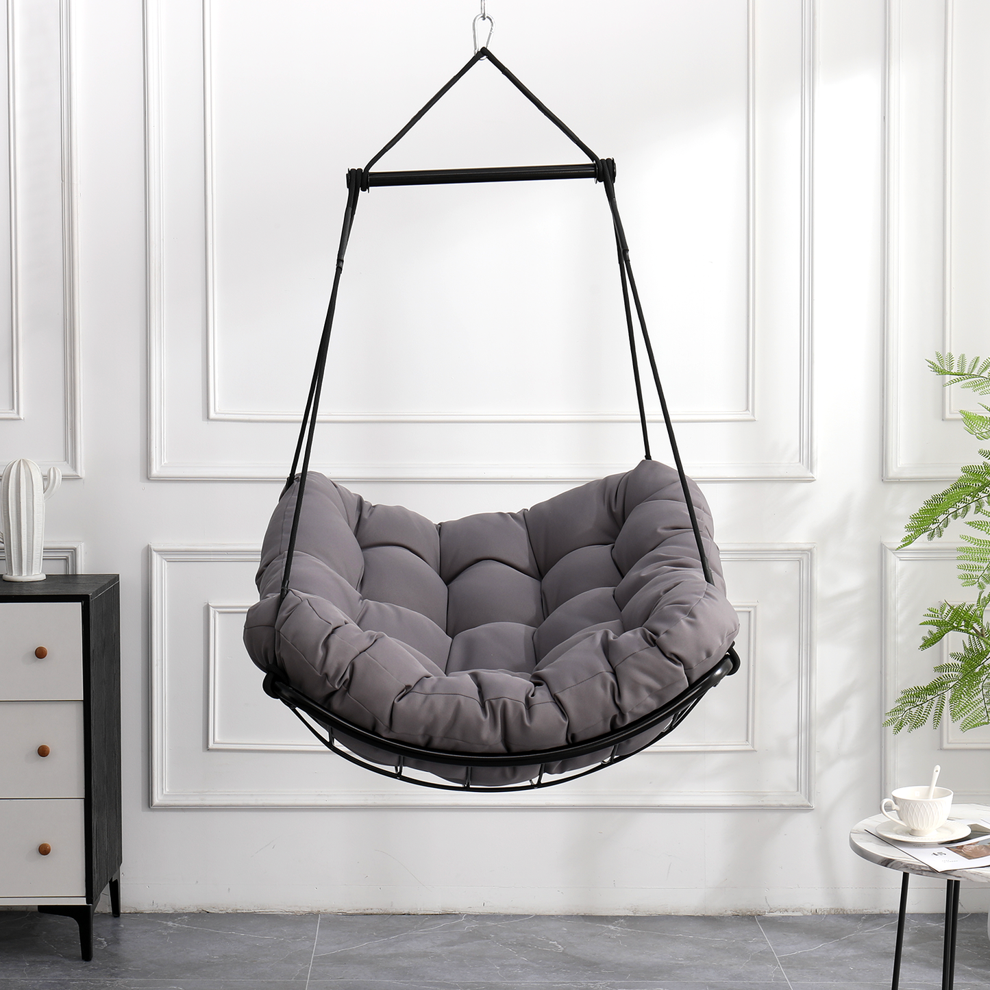 Hammock Chair Swing with Cushion - Outdoor Indoor Hanging Hammock Chair for Patio, Porch, Bedroom, Garden, Courtyard, Balcony - Sturdy Steel Bar with Anti-Slip Safety Rings, Gray