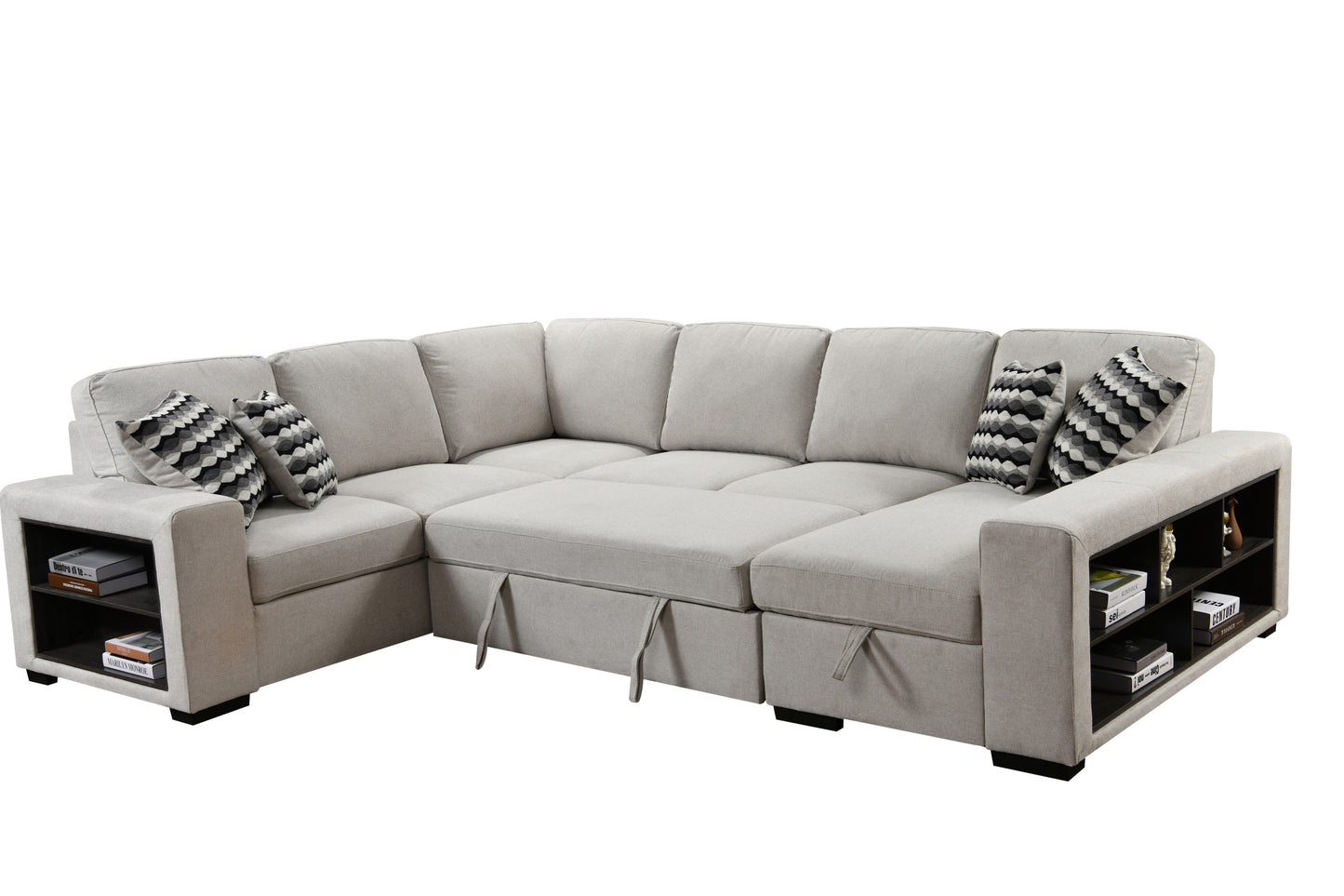 [SantaChoice] 125'' Modern U Shaped 7 Seat Sectional Sofa Couch with Cabinet,Sofa Bed with Storage Chaise-Pull Out Couch Bed for Living Room,Beige