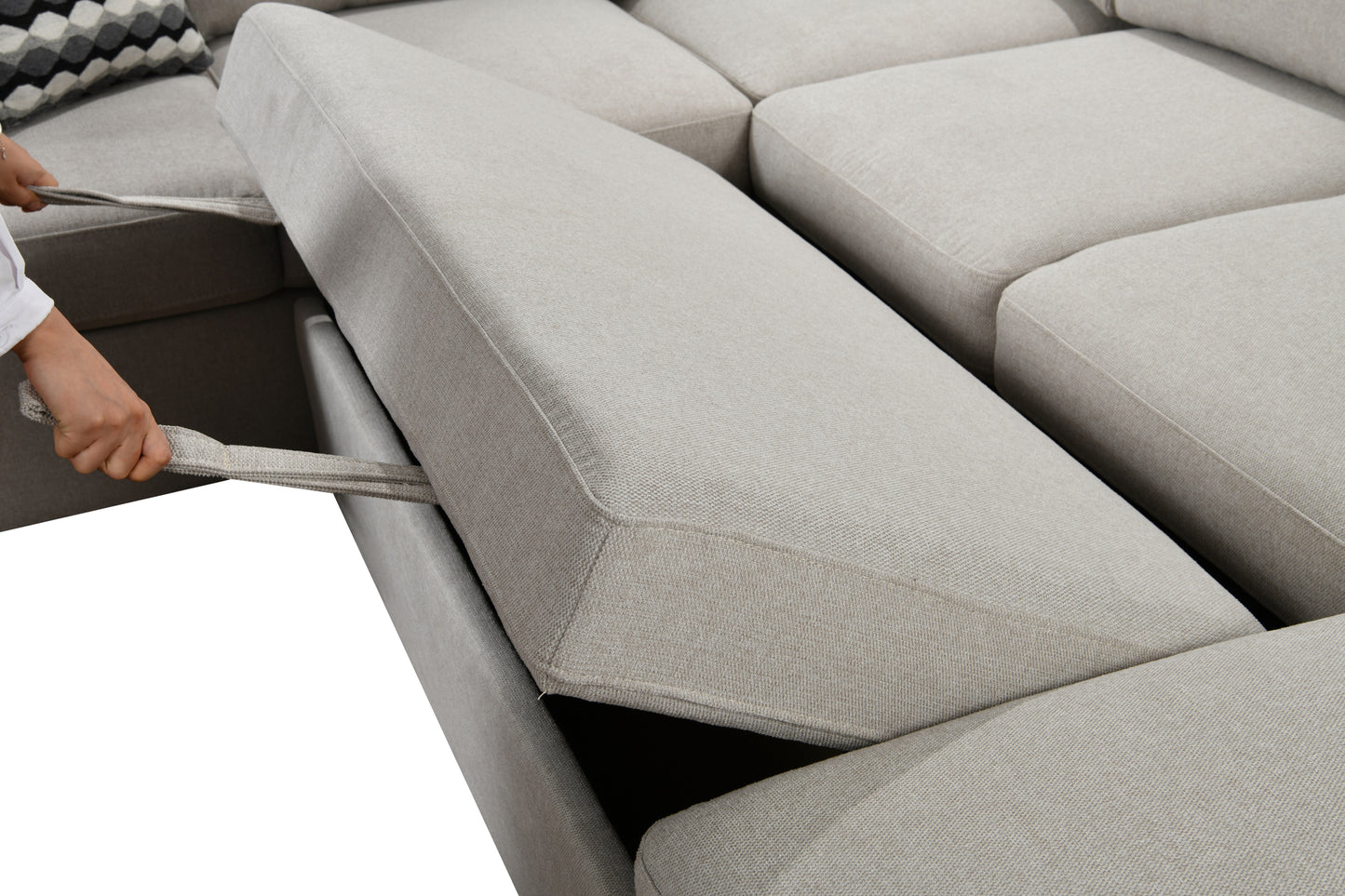 [SantaChoice] 125'' Modern U Shaped 7 Seat Sectional Sofa Couch with Cabinet,Sofa Bed with Storage Chaise-Pull Out Couch Bed for Living Room,Beige