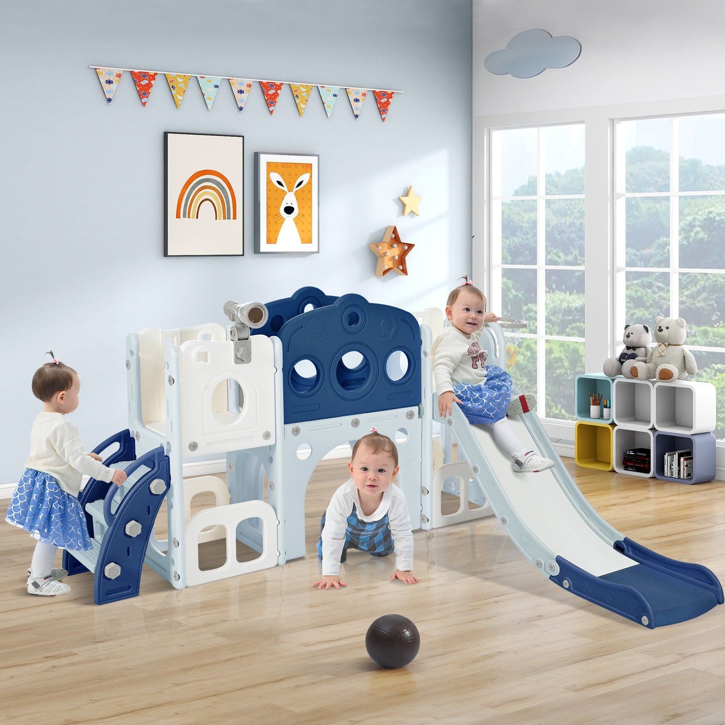 7 in 1 Toddler Slide Set, Freestanding  Spaceship Set with Slide, Kids Slide Playset Structure, Arch Tunnel and Basketball Hoop, Toy Storage Organizer for Toddlers, Kids Climbers Playground