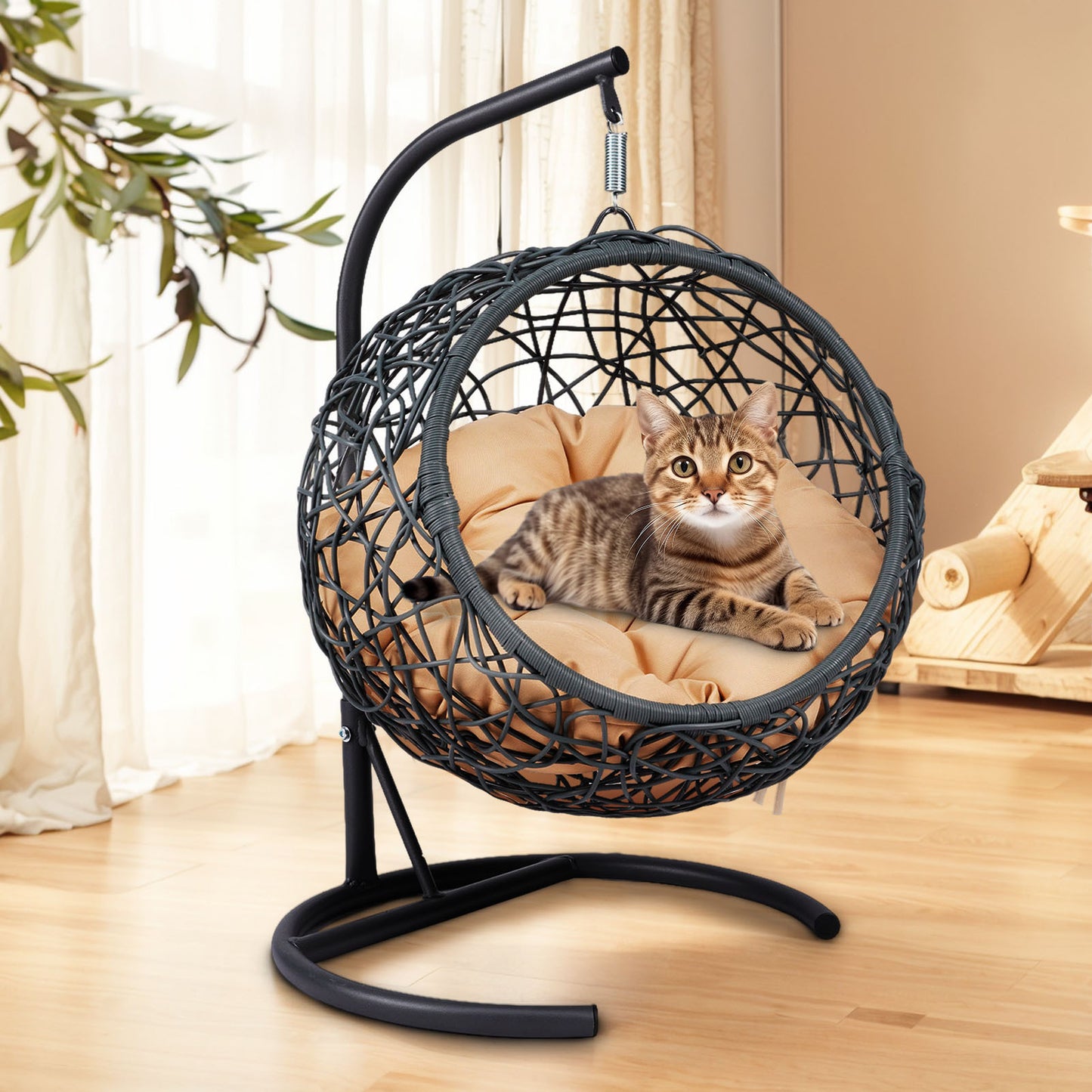 Cat Swing Bed with Stand & Cushion, Cat Egg Chair with Rattan Wicker Appearance, Indoor Hanging Swinging Cat Bed for Cats, Small Dogs, and Small Animals, Yellow