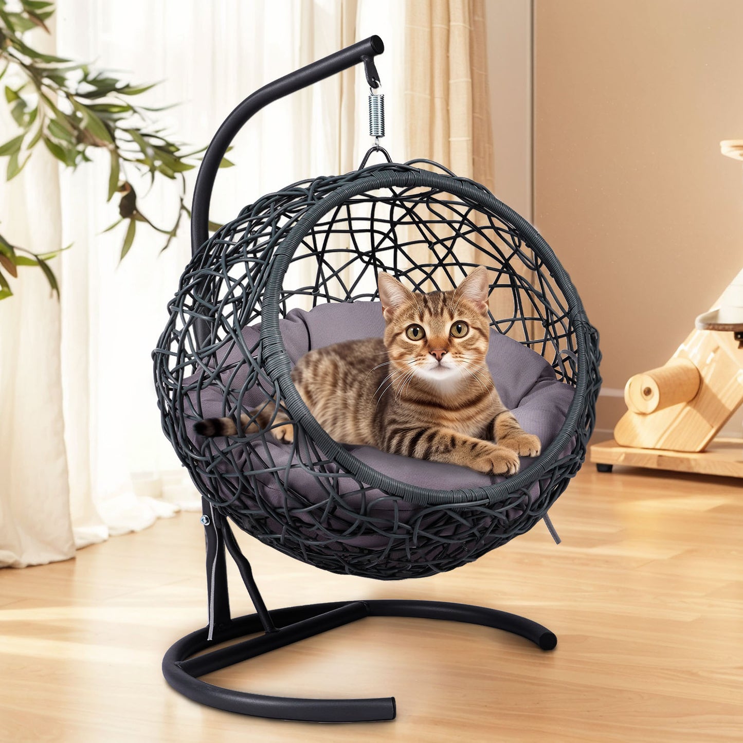 Cat Swing Bed with Stand & Cushion, Cat Egg Chair with Rattan Wicker Appearance, Indoor Hanging Swinging Cat Bed for Cats, Small Dogs, and Small Animals.Gray.