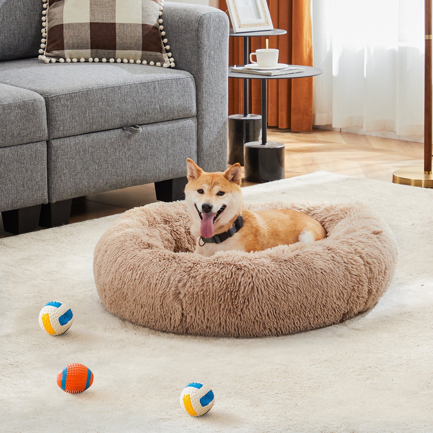 Anti-Slip Round Fluffy Plush Faux Fur Cat Bed, medium  Brown