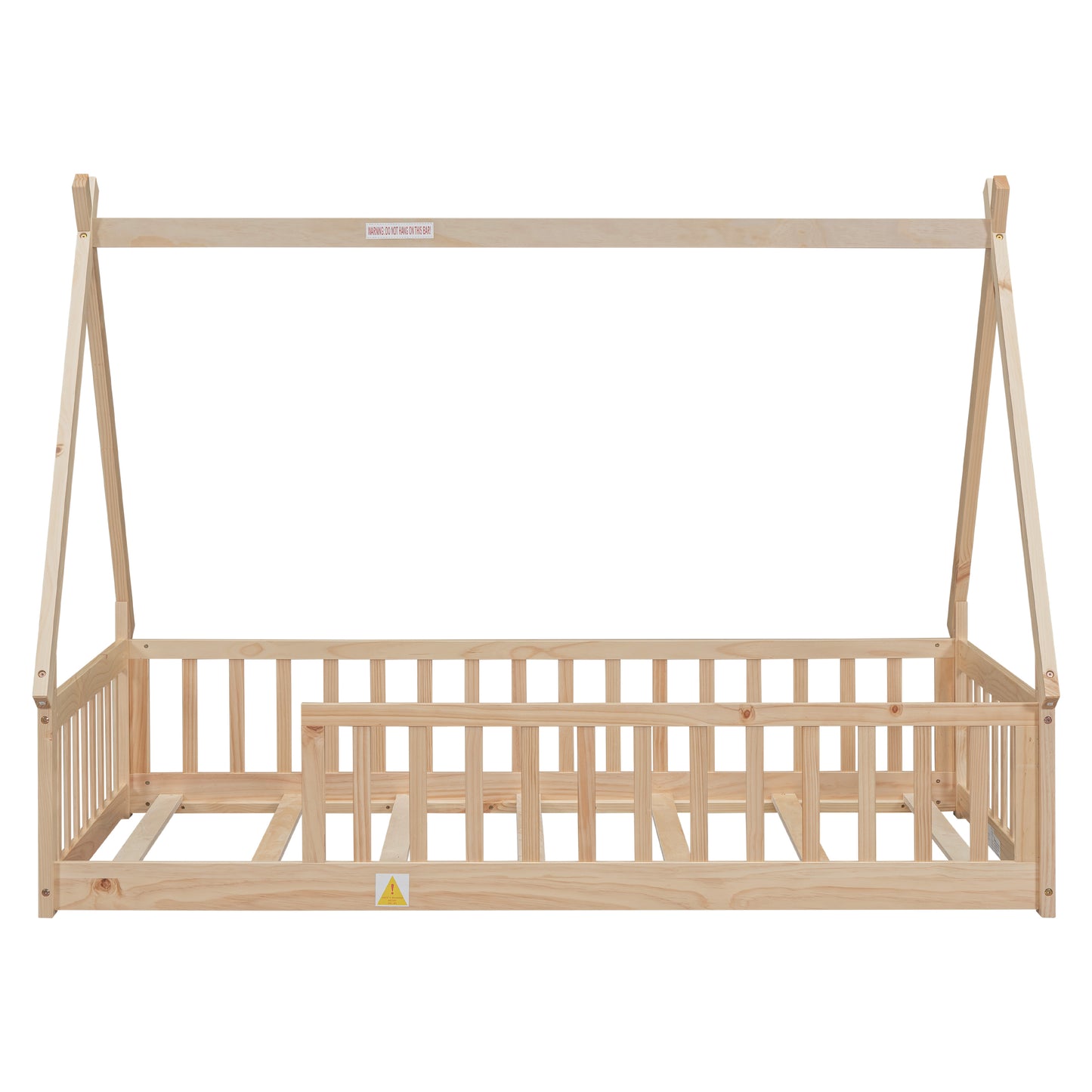 Twin Tent-shaped Floor Bed, Teepee Bed with Guardrails, Slats,Natural