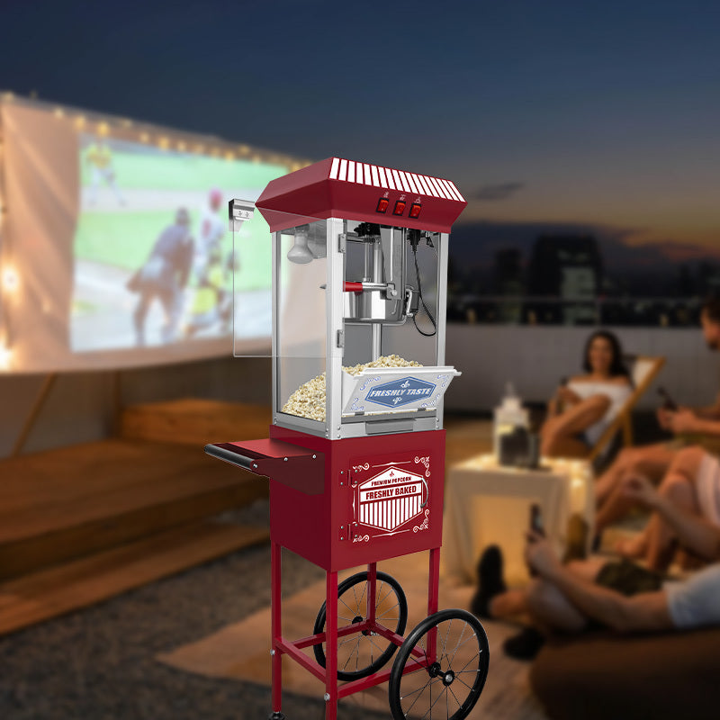 XH-P831-Movie Theater-Style Popcorn Machine Maker with Cart and 12-Ounce Kettle - Red, Vintage-Style Popper on Wheels