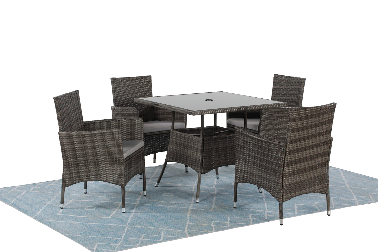 5-Pieces PE Rattan Wicker Patio Dining Set with Grey Cushions