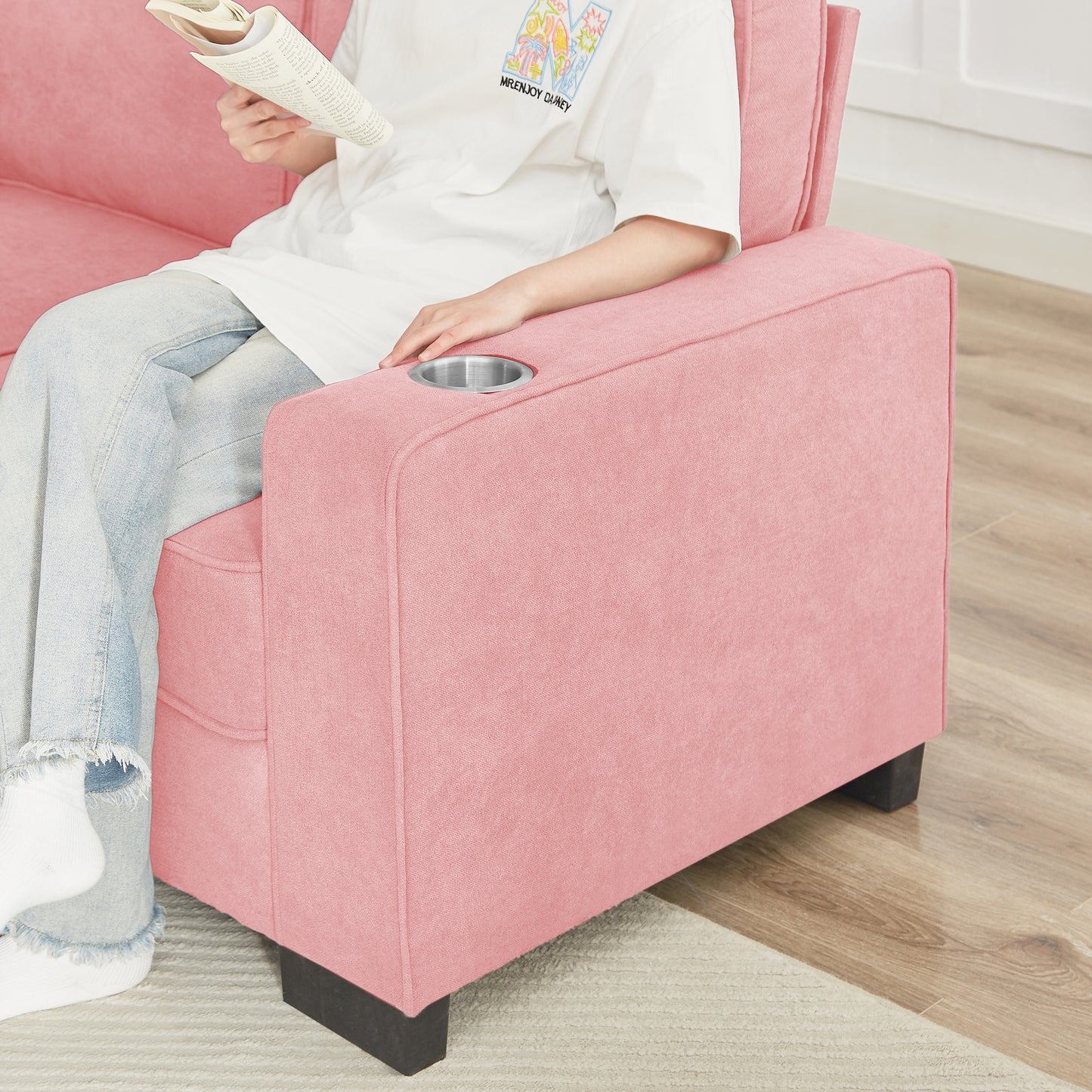 [SantaChoice] 83.86" Snowfleece Fabric sofa,Modern Compressed Couch,3-Seater Sofa, Furniture for Living Room,Bedroom,office ,Pink