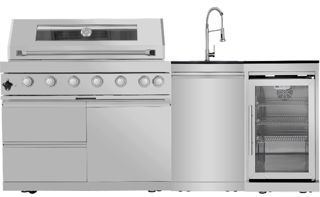 44-Inch 6-Burner 85000 BTU Deluxe Stainless Steel Gas Outdoor Kitchen Bar Barbecue Island Grill  + Wine Cooler Compact Refrigerator + Rotisserie + Granite Countertops + Storage Cabinets & Drawers