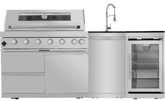 44-Inch 6-Burner 85000 BTU Deluxe Stainless Steel Gas Outdoor Kitchen Bar Barbecue Island Grill  + Wine Cooler Compact Refrigerator + Rotisserie + Granite Countertops + Storage Cabinets & Drawers