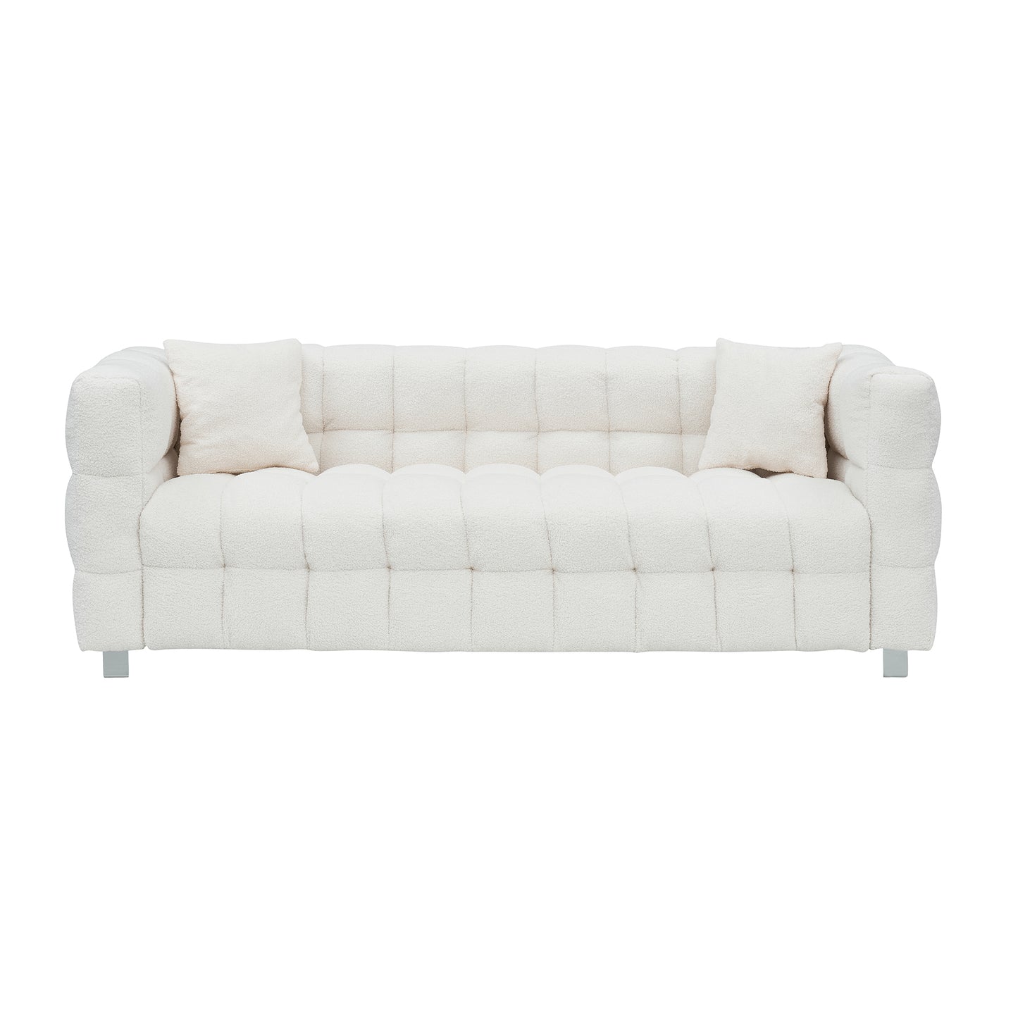 [SantaChoice] Sophisticated Comfort: Beige White Teddy Plush Sofa - 80 Inch, Perfect for Living Room or Bedroom, Includes Two Throw Pillows and Heavy-Duty Hardware Foot Support