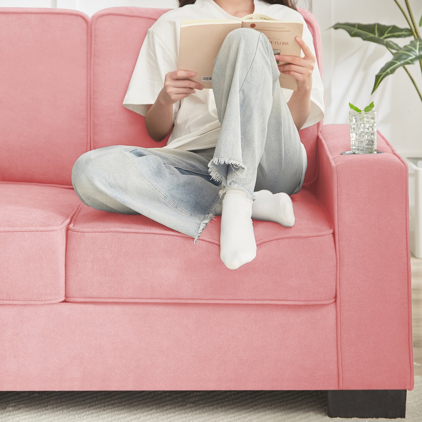 [SantaChoice] 83.86" Snowfleece Fabric sofa,Modern Compressed Couch,3-Seater Sofa, Furniture for Living Room,Bedroom,office ,Pink