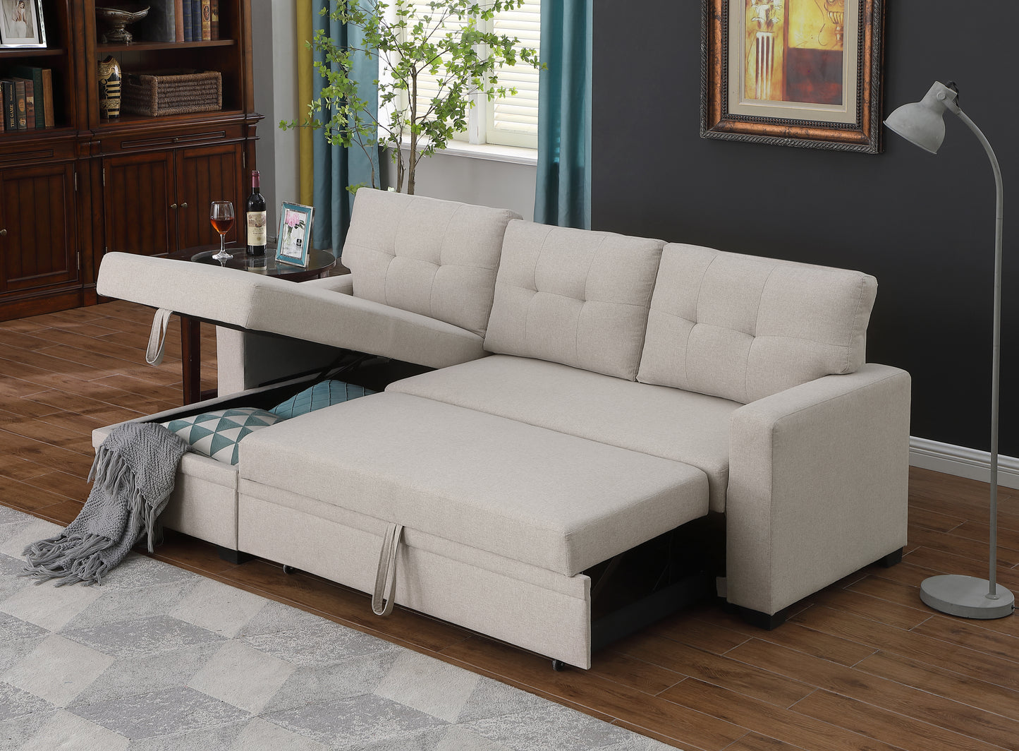 [SantaChoice] Upholstered Pull out Sectional Sofa with Chaise