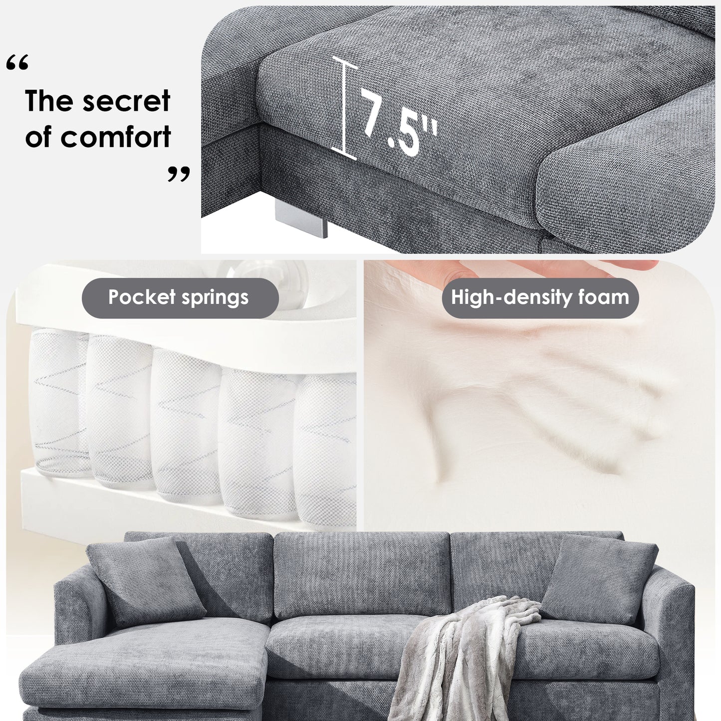 [SantaChoice] 96*56" Modern Cloud Sectional Sofa,L-shaped Luxury Couch Set with 2 Free pillows,4-seat Chenille Indoor Furniture with Oversized Chaise for Living Room,Apartment,Office,3 Colors