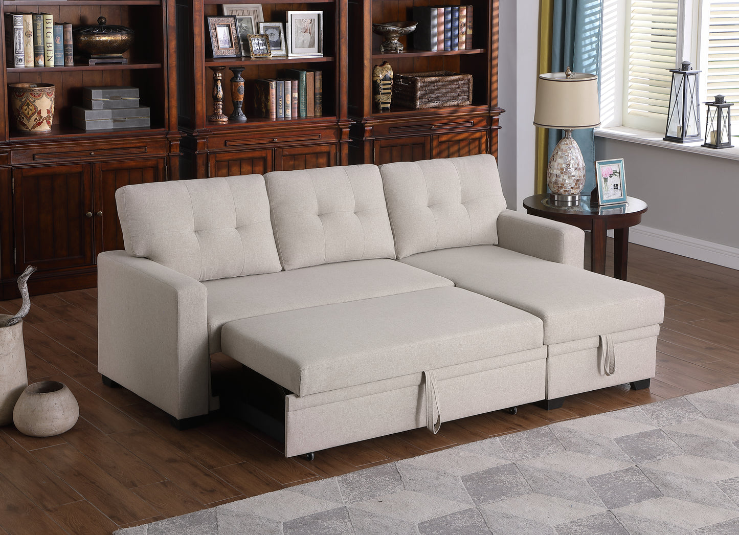 [SantaChoice] Upholstered Pull out Sectional Sofa with Chaise