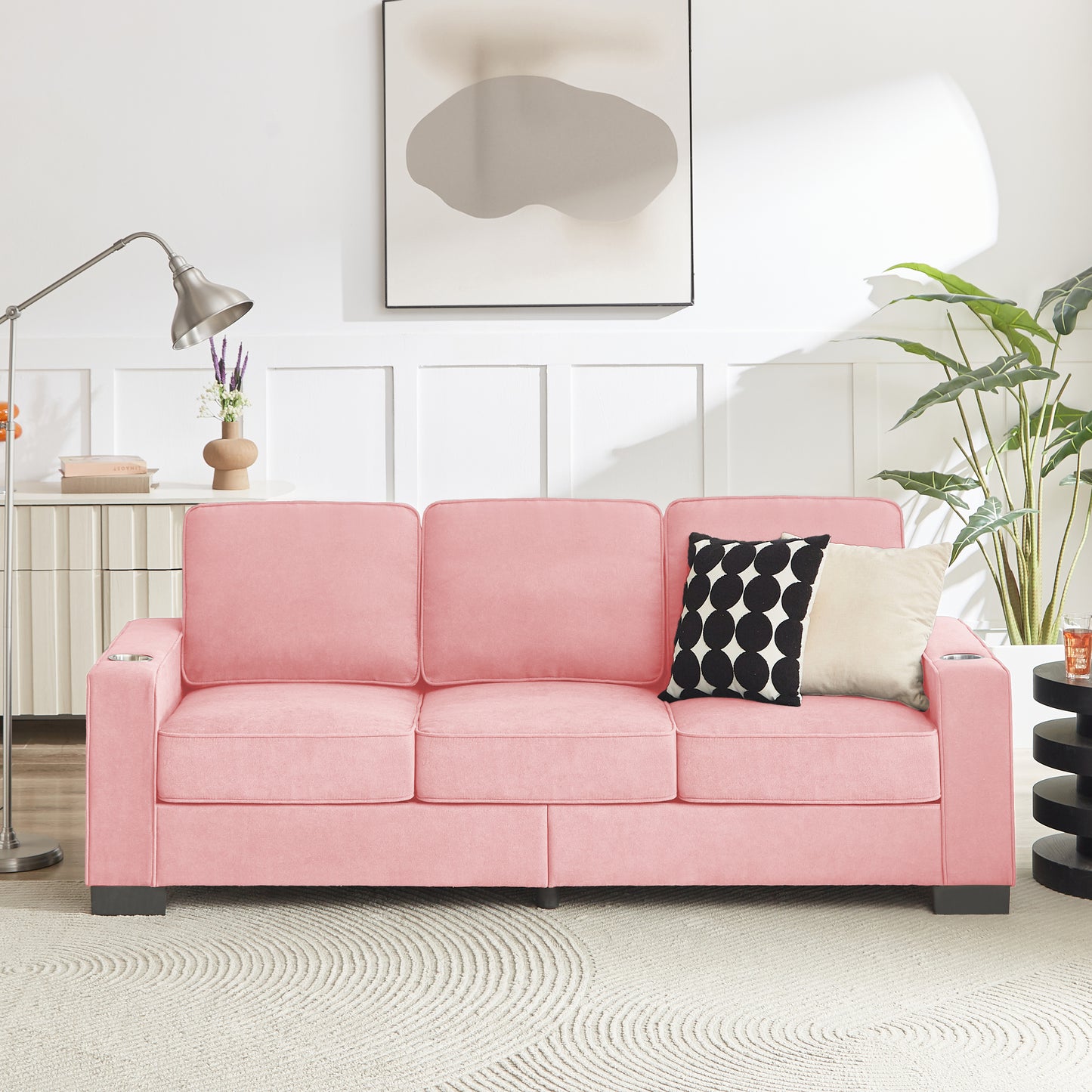 [SantaChoice] 83.86" Snowfleece Fabric sofa,Modern Compressed Couch,3-Seater Sofa, Furniture for Living Room,Bedroom,office ,Pink