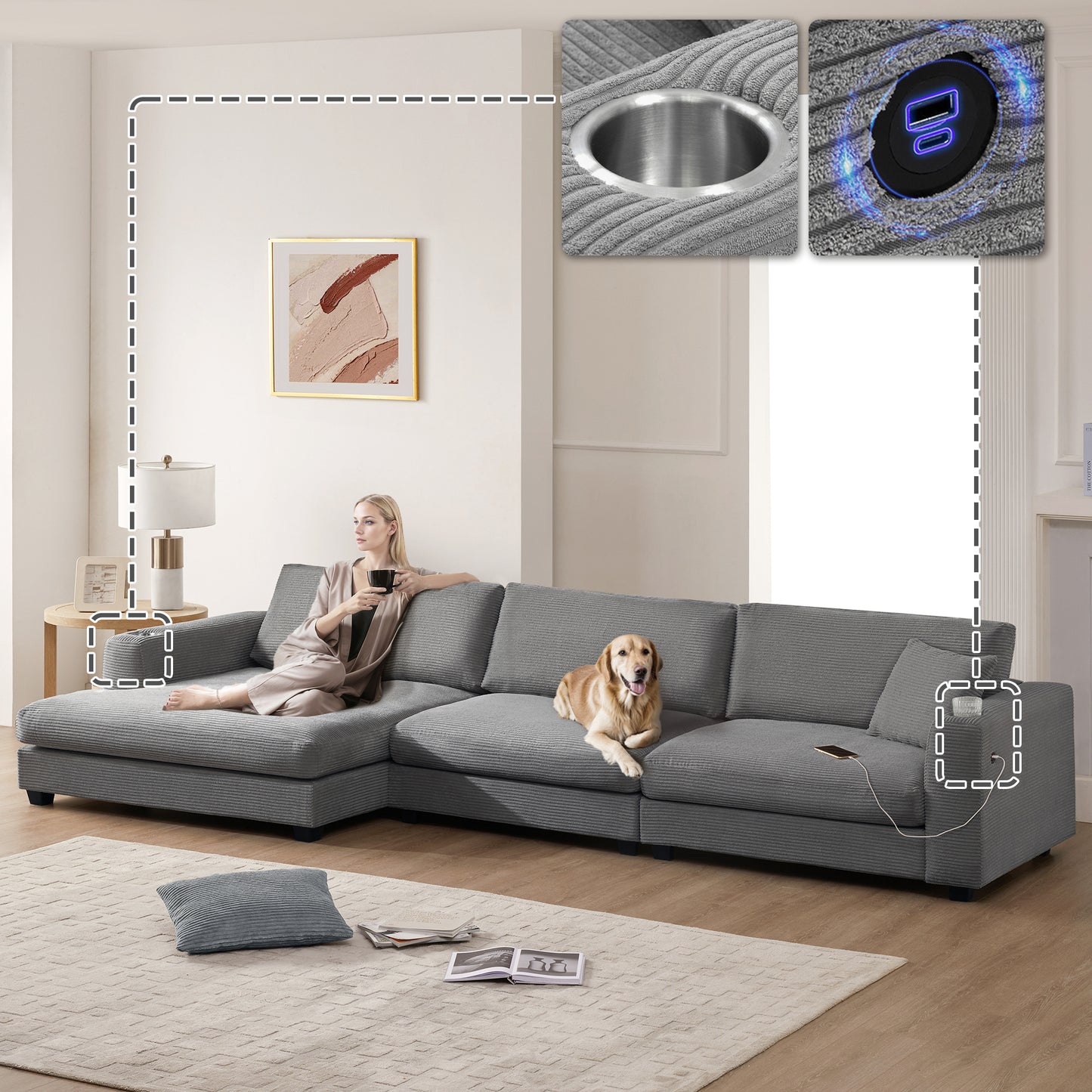 134*54"Oversized Corduroy Sectional Sofa,L Shaped Cloud Couch with USB Charging Port,Cup Holder,Deep Seat Sofa Bed with 50" Chaise,Comfy Indoor Furniture for Living Room,3 Colors