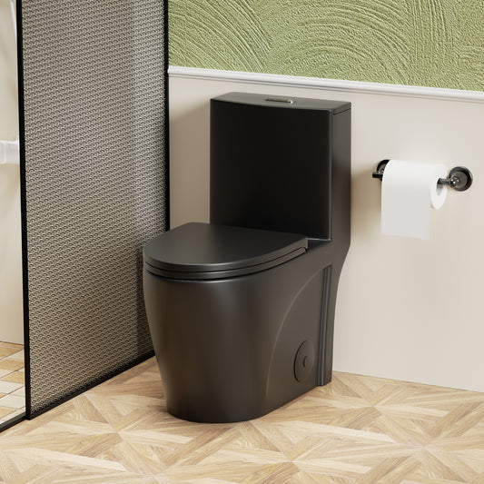 One Piece Toilet 1.1/1.60 GPF, Siphonic Dual Flush 4/6Lpf, Water-Saving Elongated Comfort Height Floor Mounted, Soft Close Seat,1000 Gram Map Flushing Score Toilet, Matte Black MB-001