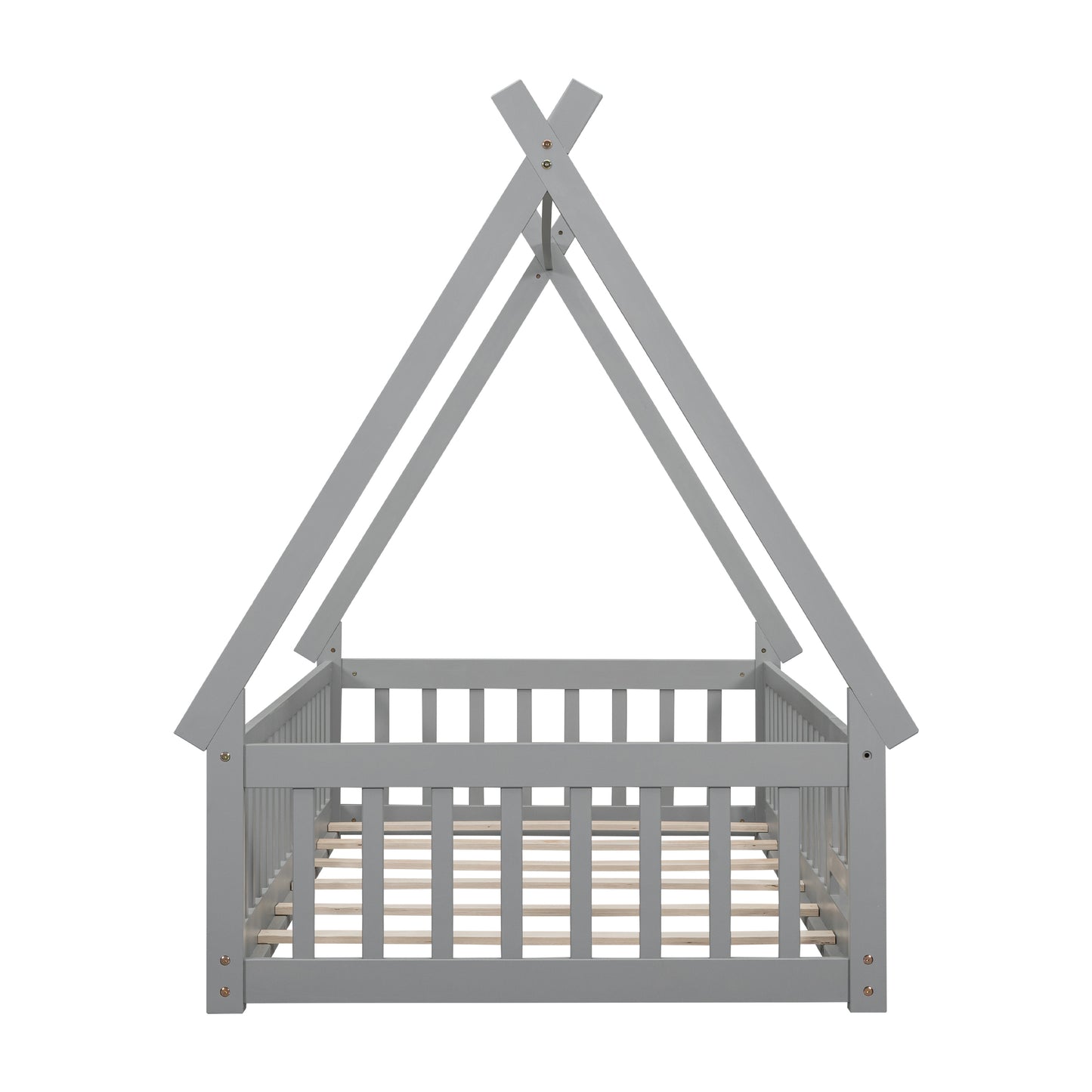 Twin Tent-shaped Floor Bed, with Guardrails, Slats, Door ,Grey