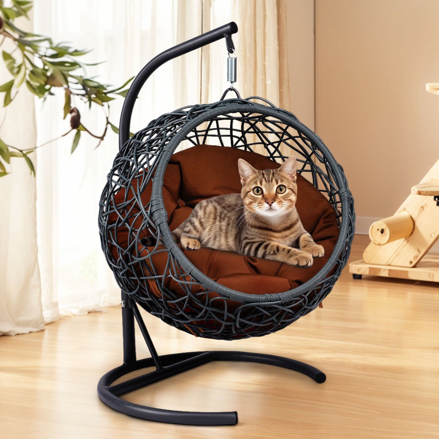 Cat Swing Bed with Stand & Cushion, Cat Egg Chair with Rattan Wicker Appearance, Indoor Hanging Swinging Cat Bed for Cats, Small Dogs, and Small Animals, Brown