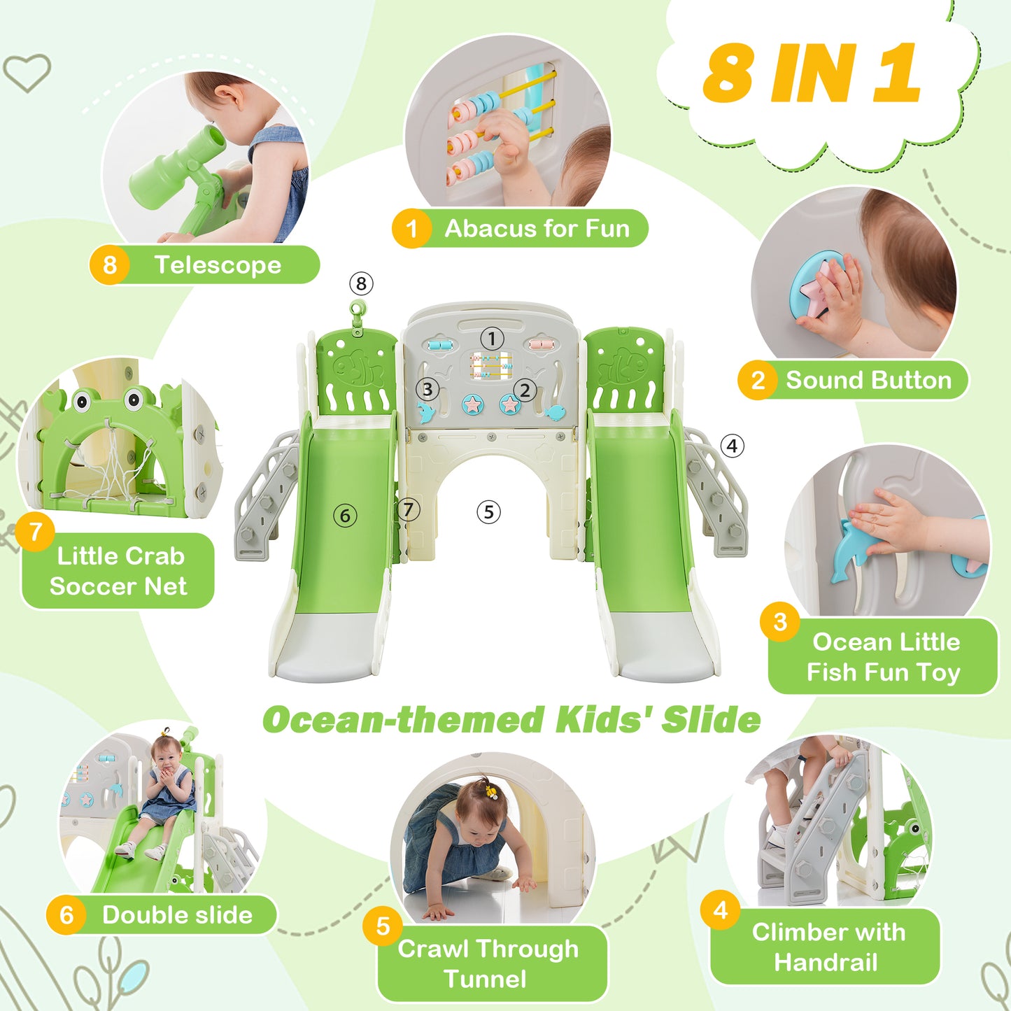 Kids Slide Playset Structure 8 in 1, Freestanding Ocean Themed Set with Slide, Arch Tunnel,Basketball Hoop and Telescope, Double Slides for Toddlers, Kids Climbers Playground