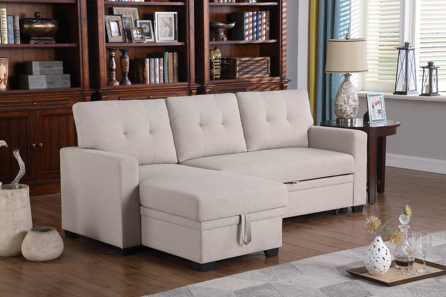 [SantaChoice] Upholstered Pull out Sectional Sofa with Chaise