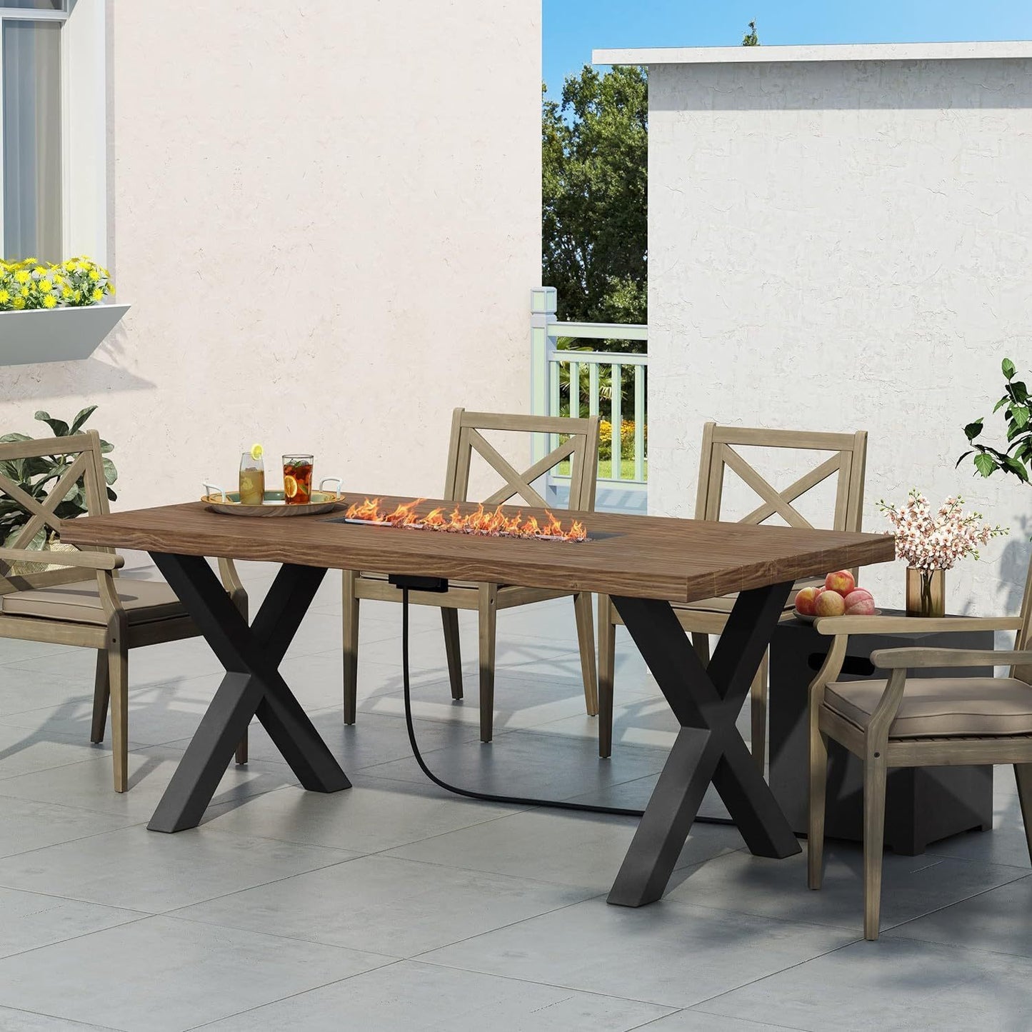 Outdoor Patio Propane Fire Pit Concrete Wood-Pattern Fire Table - 40, 000 BTU, 30'' H x 70'' W, Brown (Tank cover not Included)