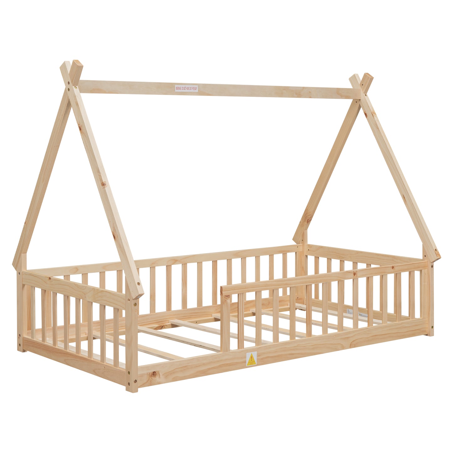 Twin Tent-shaped Floor Bed, Teepee Bed with Guardrails, Slats,Natural