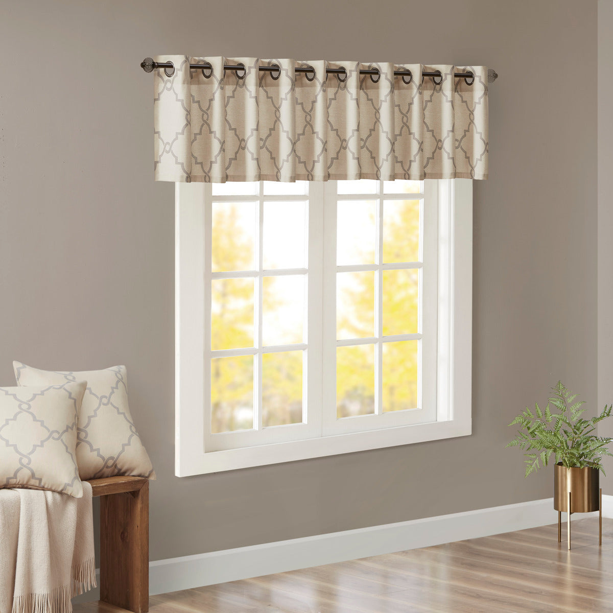Fretwork Print Grommet Top Window Valance Beige/Grey 50x18'