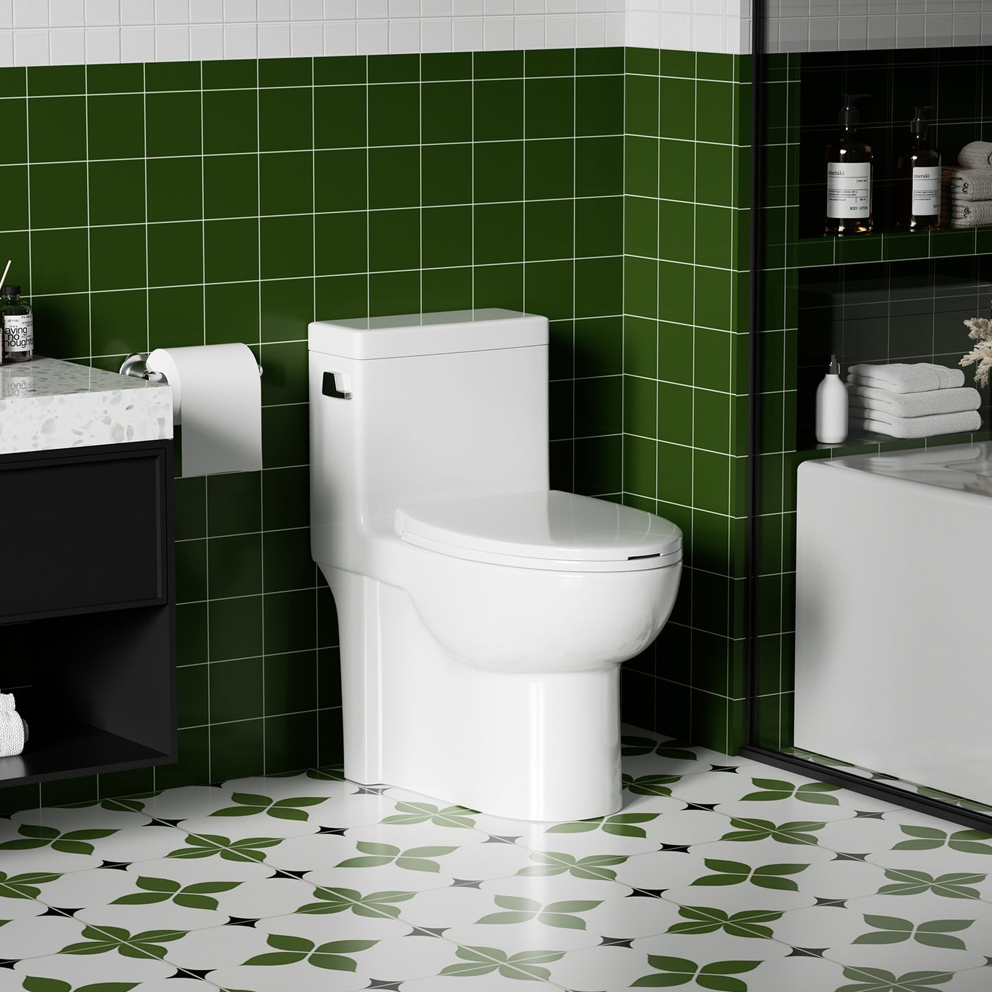 1.28 GPF Side-Single-flush One Piece Toilet, Water-Saving Elongated Comfort Height Floor Mounted, Soft Closing Seat, 1000 Gram Map Flushing Score Toilet, Gloss White GW-003S