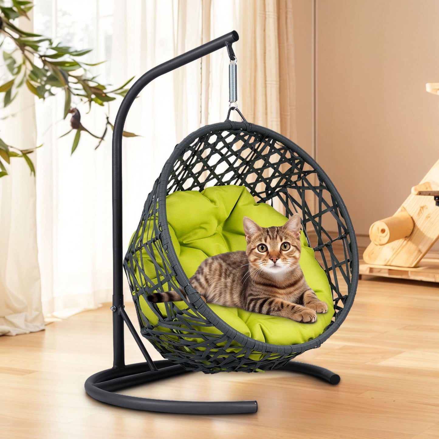 Cat Swing Bed with Stand & Cushion, Cat Egg Chair with Rattan Wicker Appearance, Indoor Hanging Swinging Cat Bed for Cats, Small Dogs, and Small Animals,Green