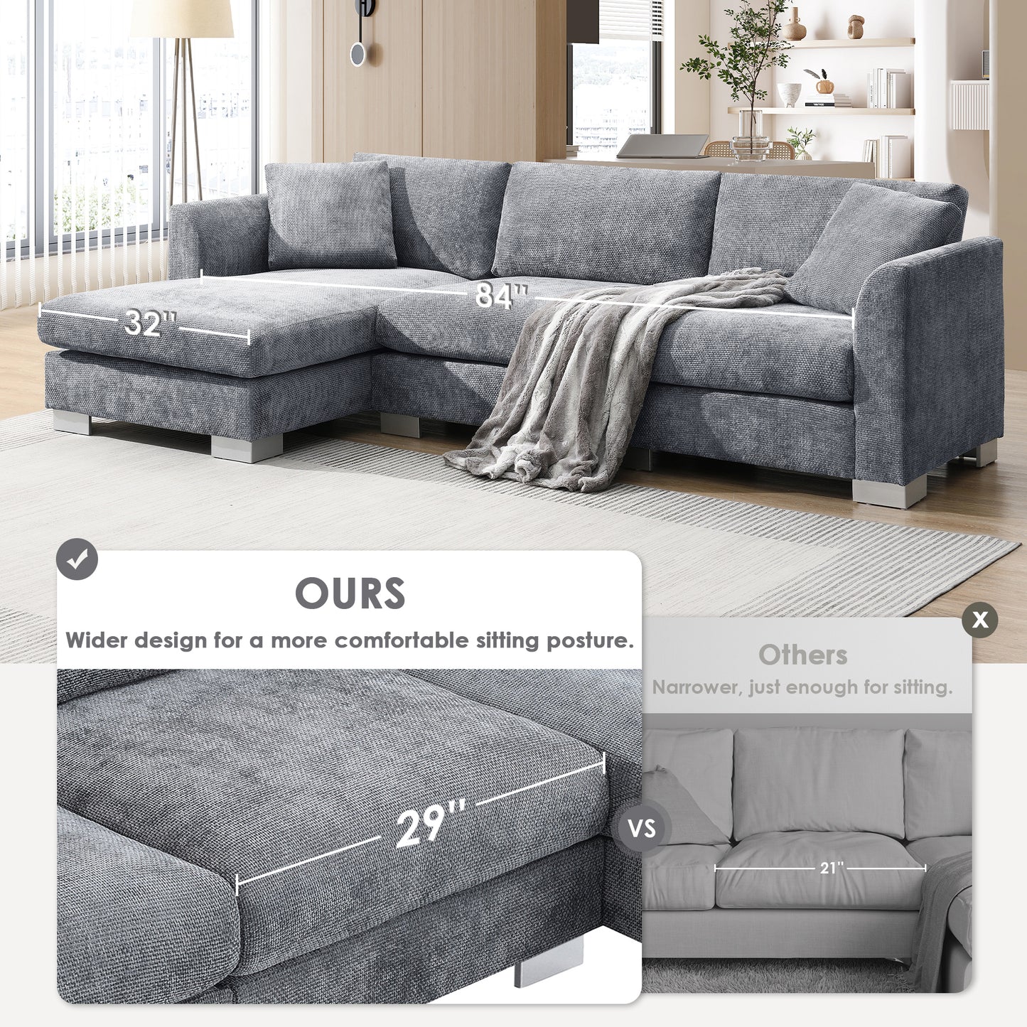 [SantaChoice] 96*56" Modern Cloud Sectional Sofa,L-shaped Luxury Couch Set with 2 Free pillows,4-seat Chenille Indoor Furniture with Oversized Chaise for Living Room,Apartment,Office,3 Colors