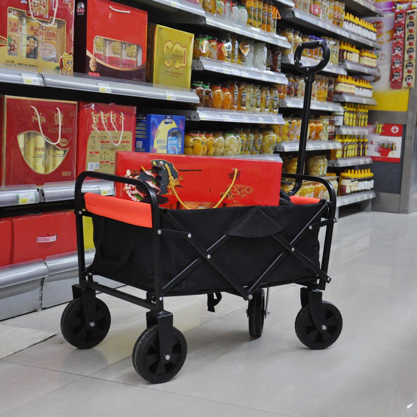 Mini Folding Wagon Garden Shopping Beach Cart (black+yellow)