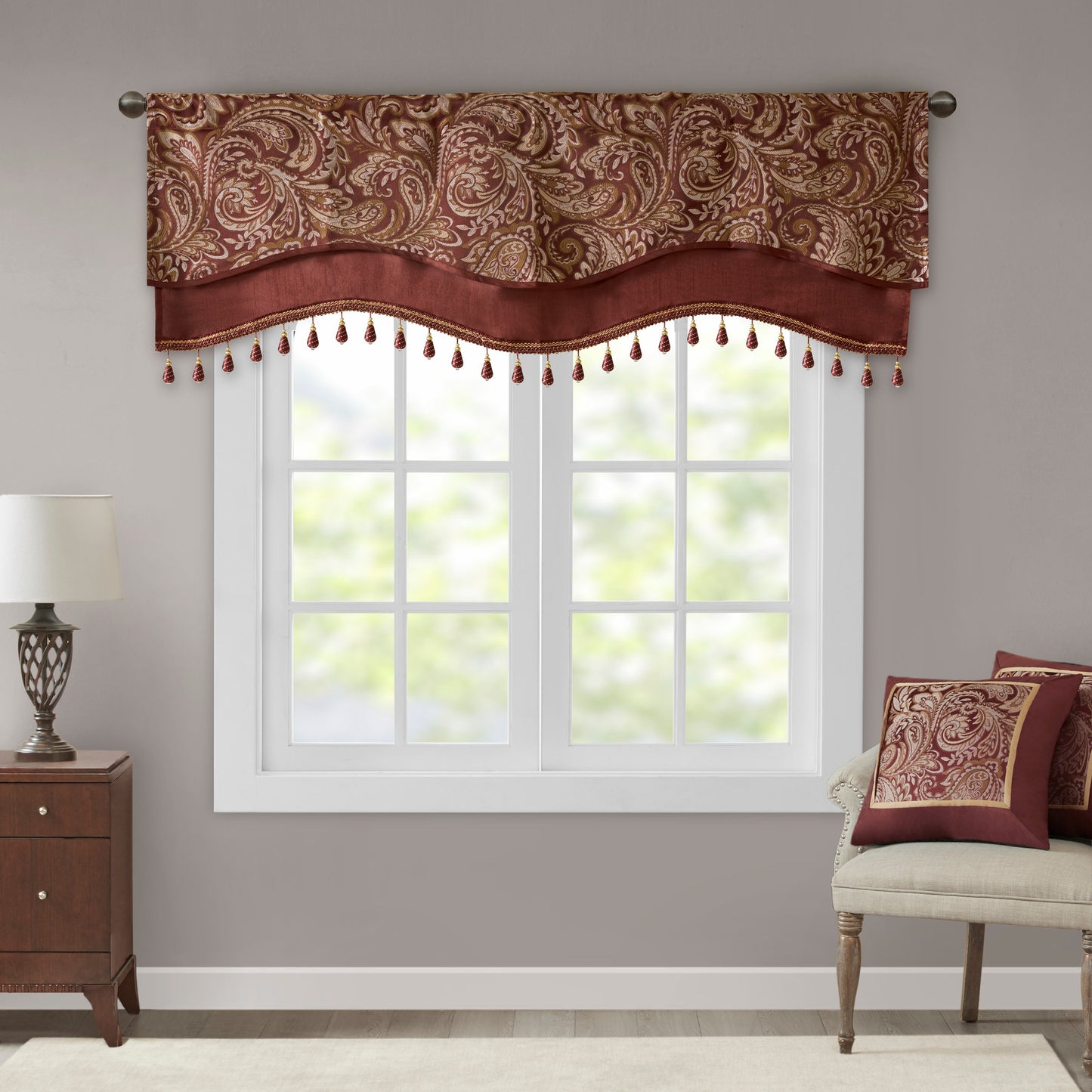 Jacquard Window Rod Pocket Valance With Beads Burgundy 50x18'