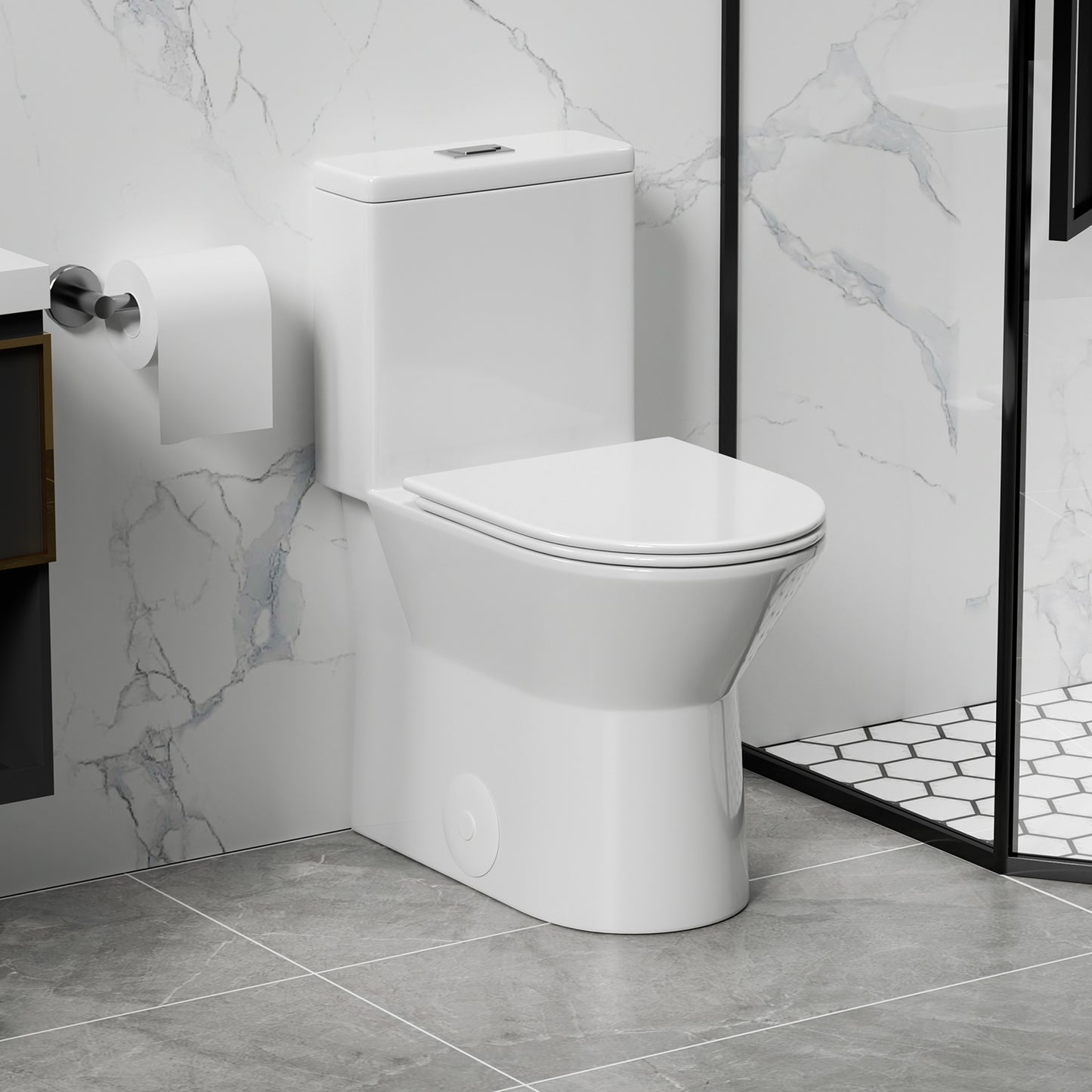 One Piece Toilet with Comfort Chair Seat ADA Height 17', Powerful Dual Flush Modern Toilet,1.1/1.6 GPF, 12' Rough-In, Rimless Bowl with Soft Closing Seat, Gloss White GW-005