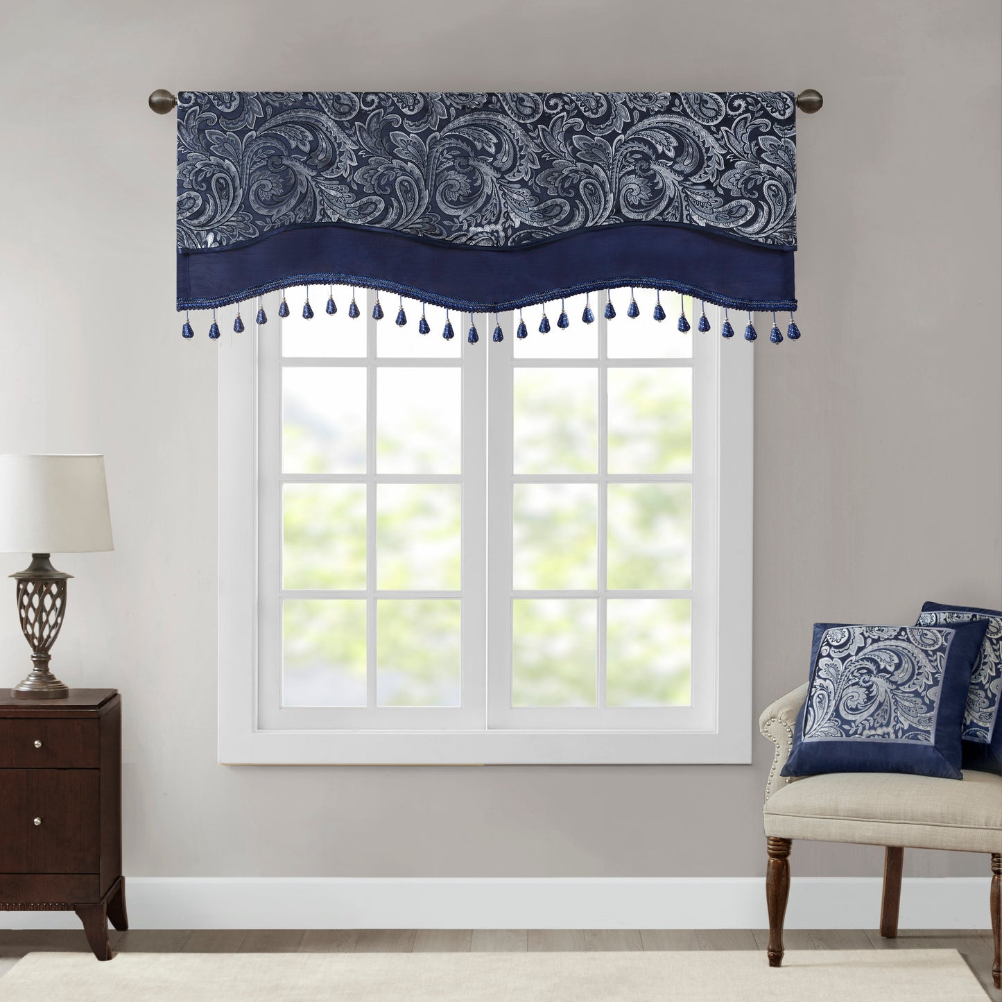 Jacquard Window Rod Pocket Valance With Beads Navy 50x18'