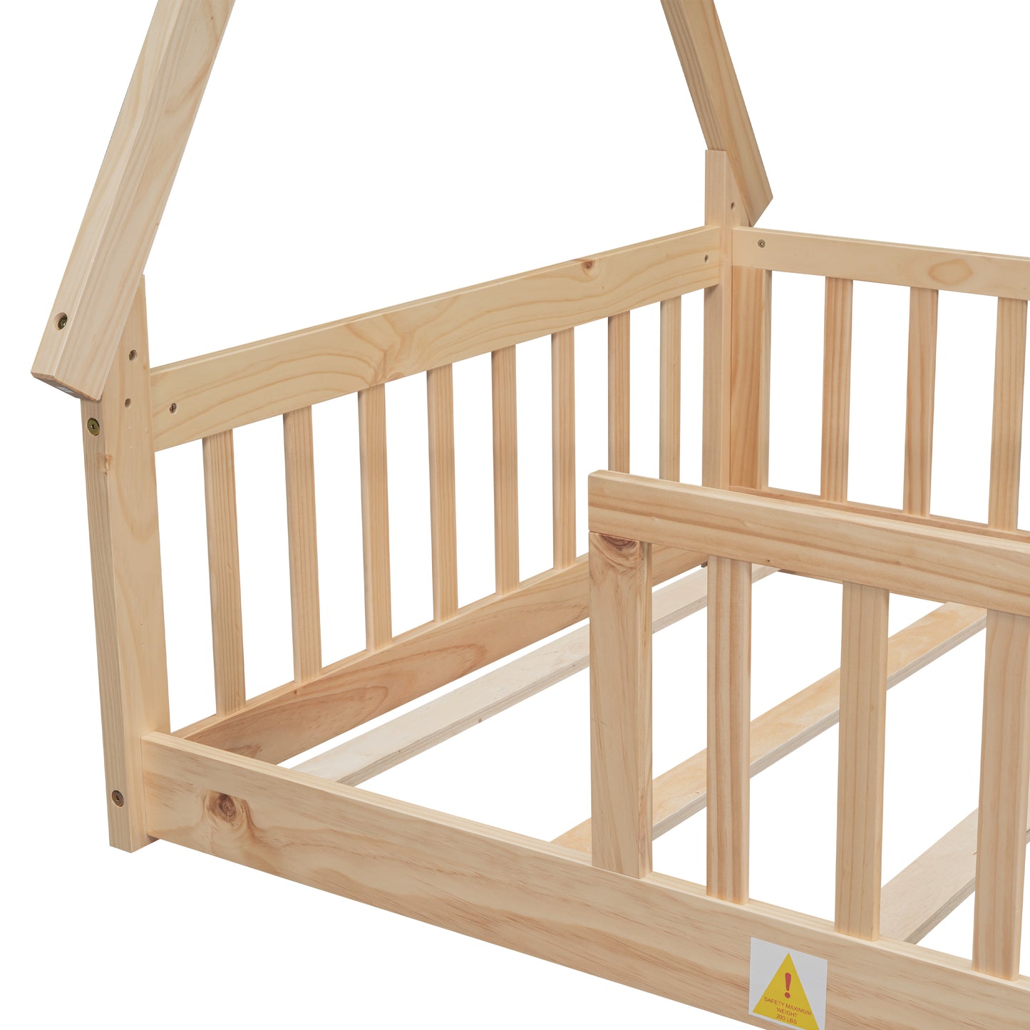 Twin Tent-shaped Floor Bed, Teepee Bed with Guardrails, Slats,Natural