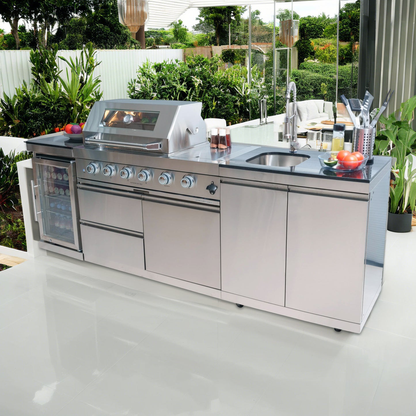 46-Inch 4-Burner 72000 BTU Deluxe Stainless Steel Gas Outdoor Kitchen Bar Barbecue Island Grill  + Wine Cooler Compact Refrigerator + Rotisserie + Granite Countertops + Storage Cabinets & Drawers