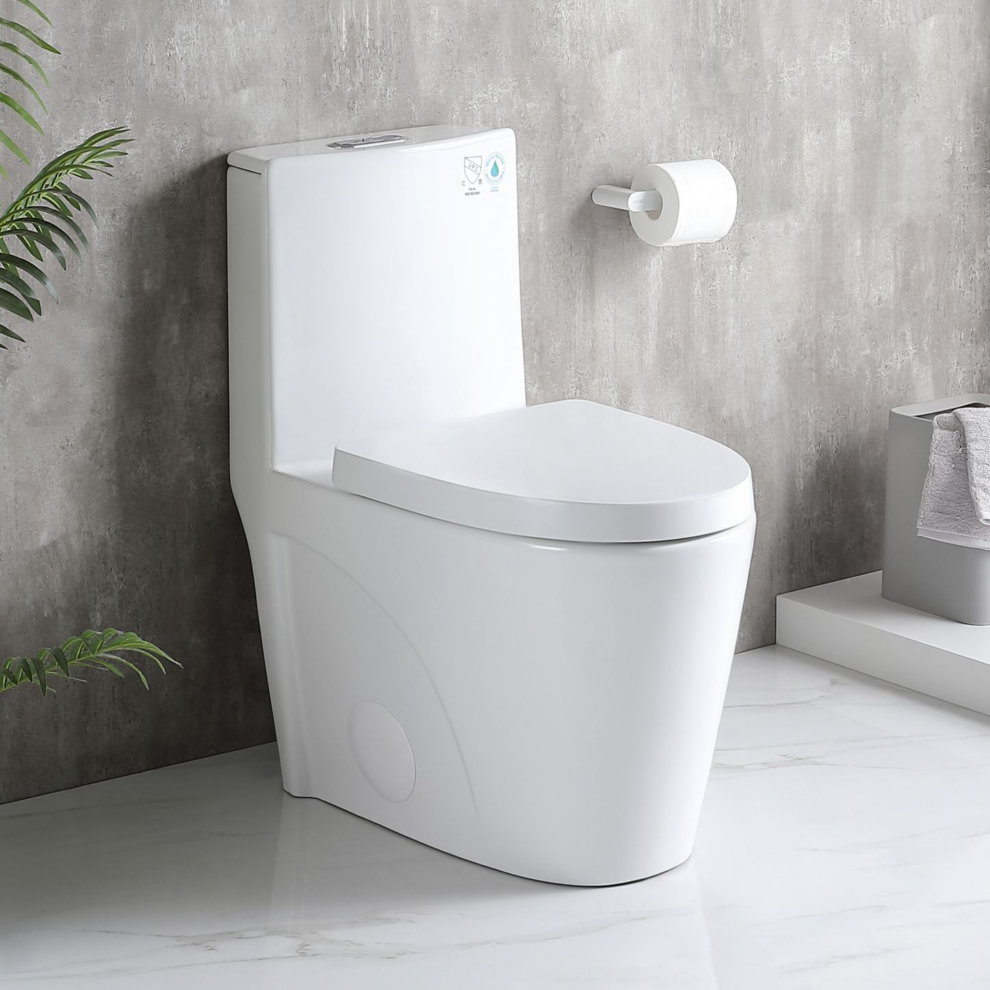 One-Piece Toilet, 1.1/1.60 GPF Water-Efficient Dual-Flush Elongated Comfort Height Floor Mounted, Standard-Size Toilet with Soft Closing Seat Included, Glossy White 24T01-GW